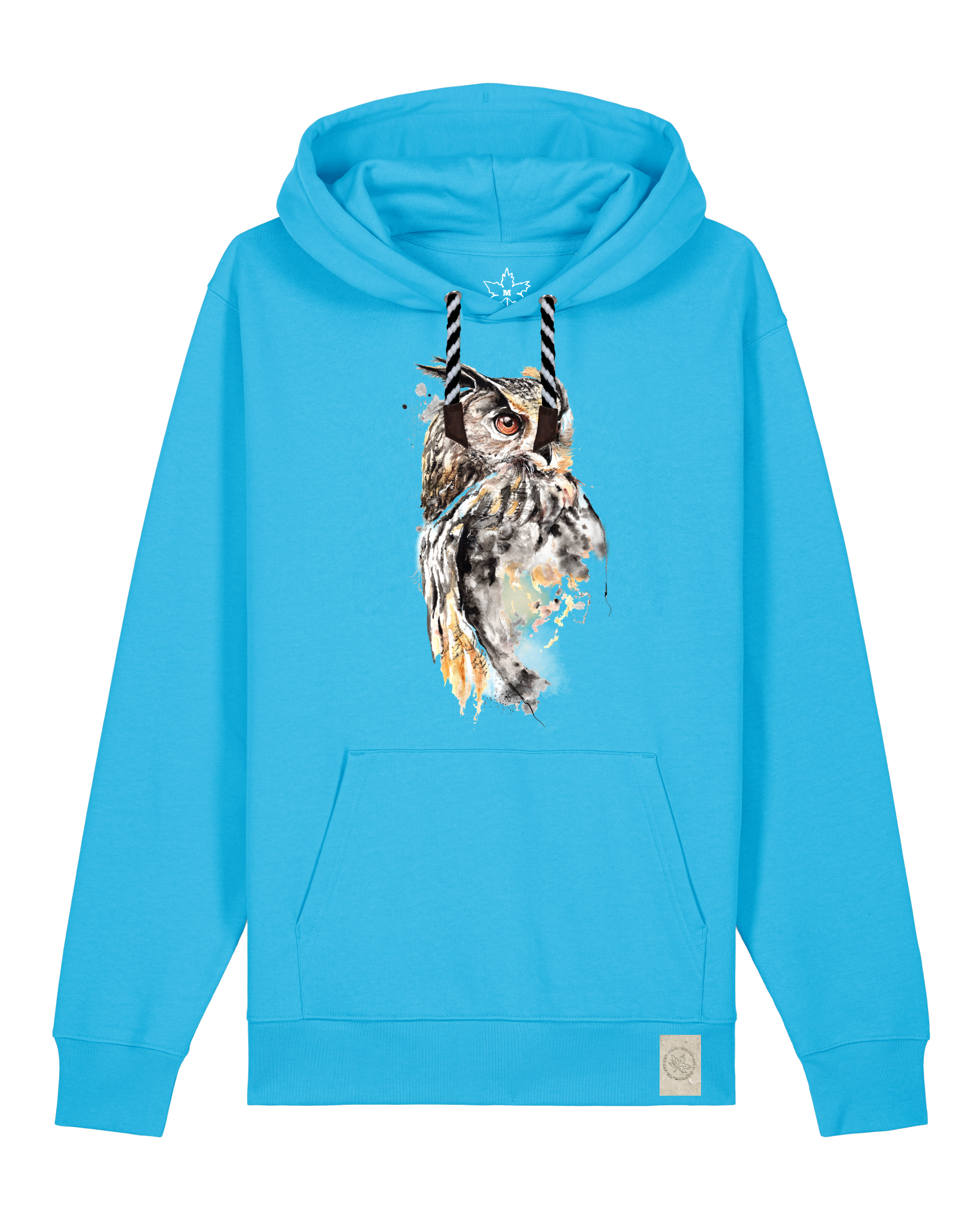 bio-unisex-medium fit-hoodie-eule-stsu177-wasserblau-sw kordel-front