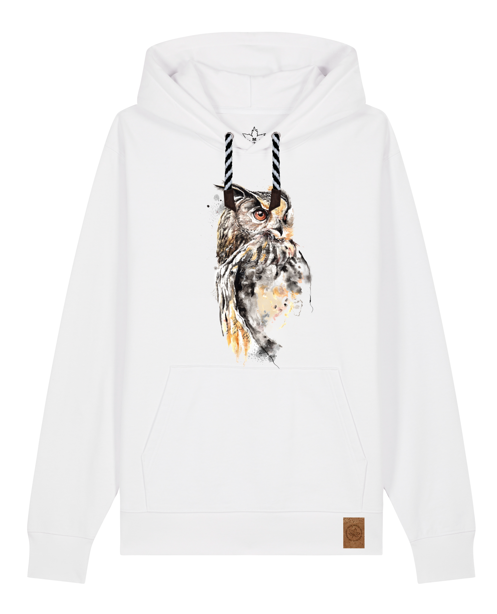 bio-unisex-medium fit-hoodie-eule-stsu177-weiß-sw kordel-front