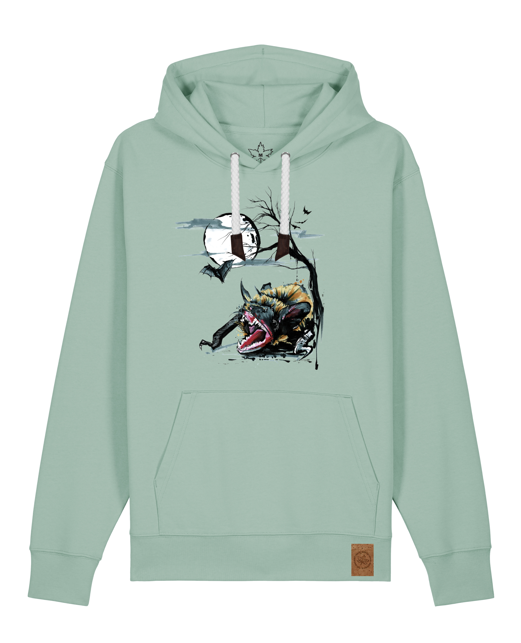 bio-unisex-medium fit-hoodie-fledermaus-stsu177-eukalyptus-weiße kordel-front