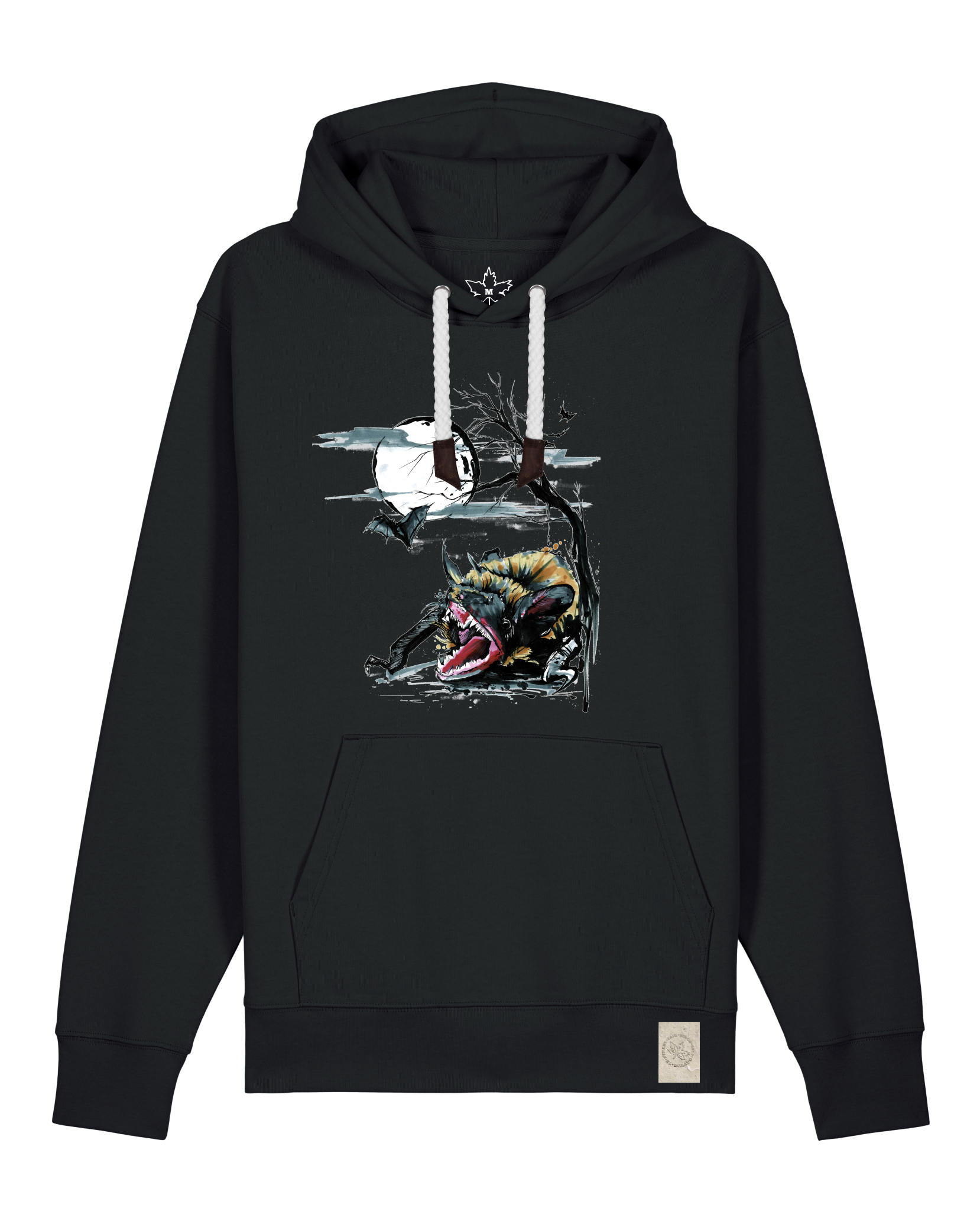 bio-unisex-medium fit-hoodie-fledermaus-stsu177-schwarz-weiße kordel-front