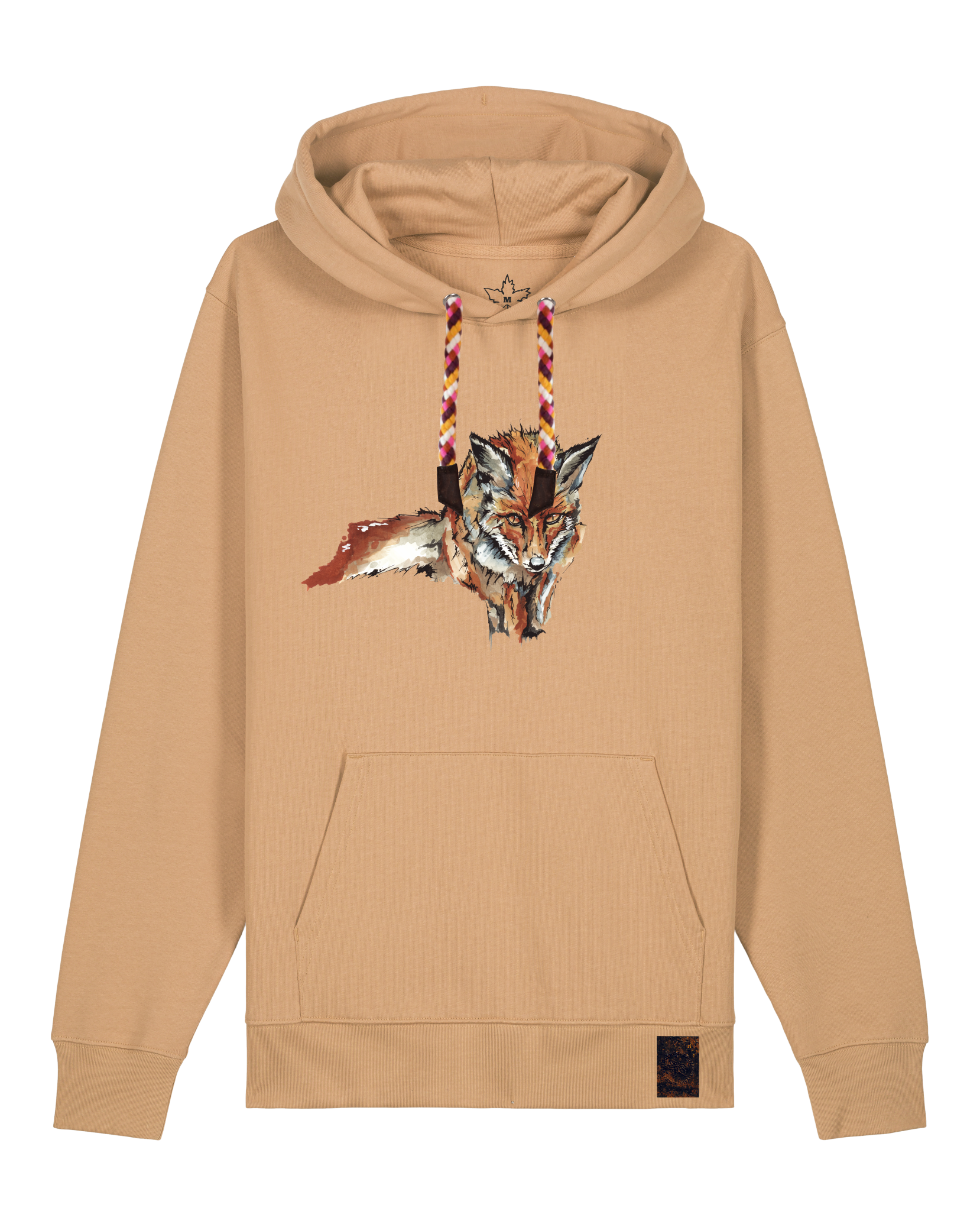 bio-unisex-medium fit-hoodie-fox views-stsu177-meersand-rote kordel-front