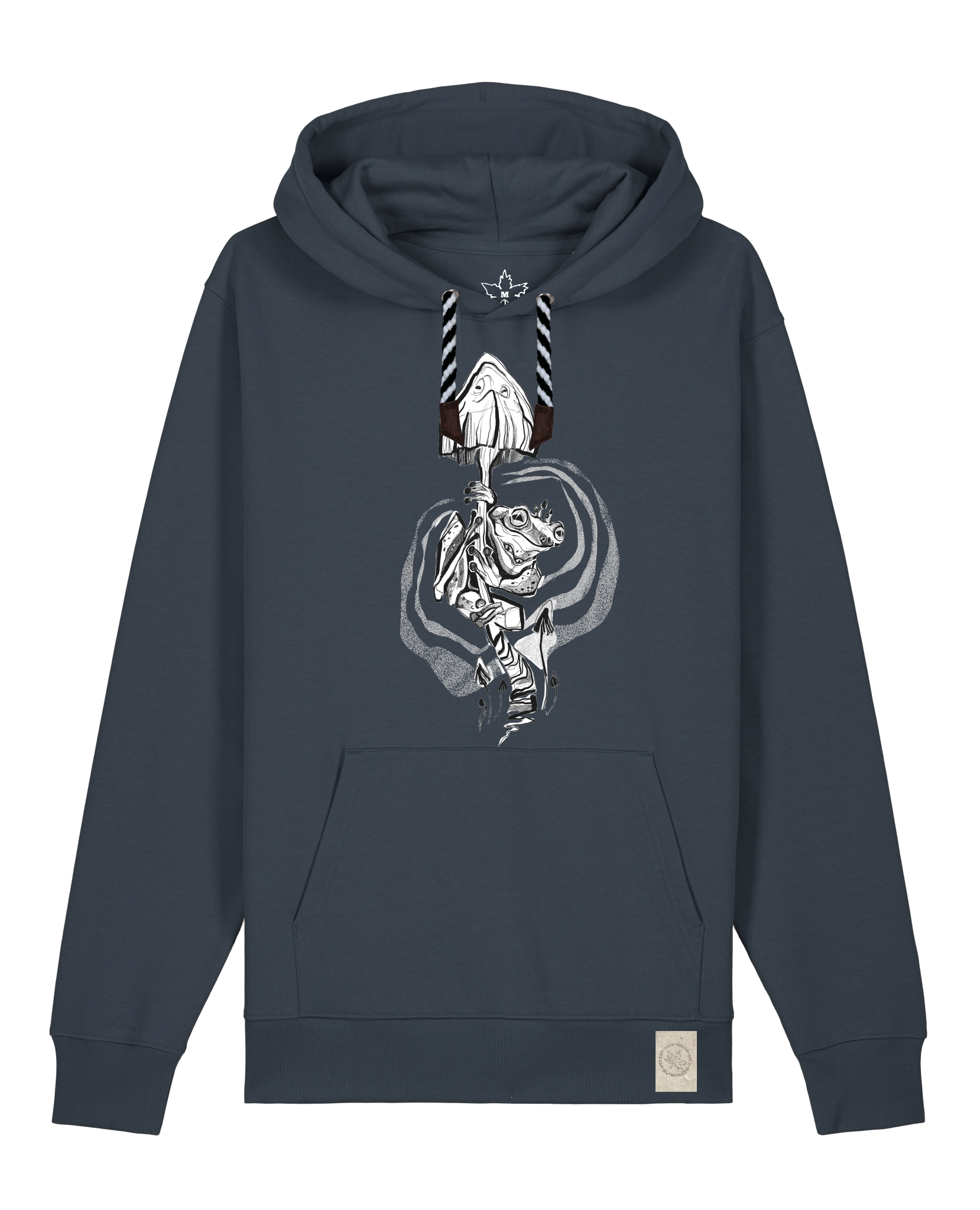 bio-unisex-medium fit-hoodie-frosch auf pilz-stsu177-blaubeernacht-sw kordel-front