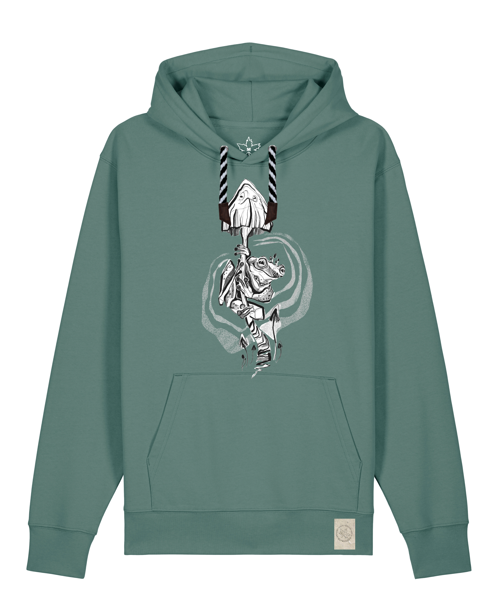 bio-unisex-medium fit-hoodie-frosch auf pilz-stsu177-blautanne-sw kordel-front
