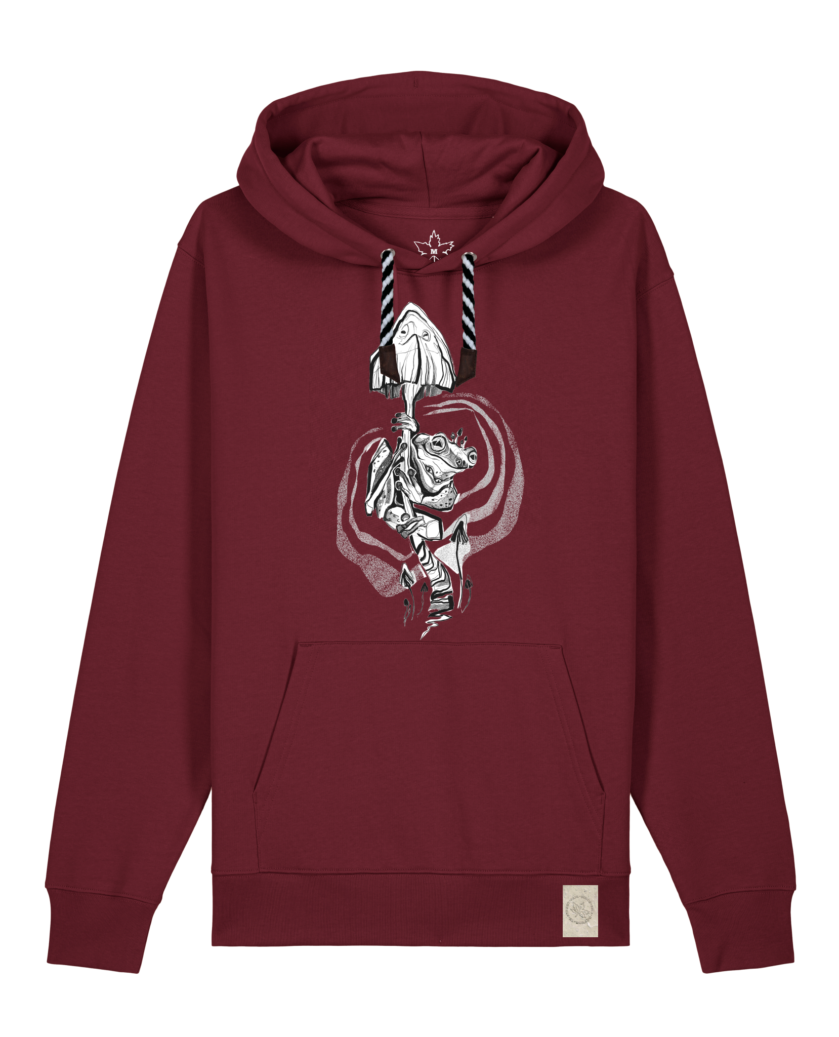 bio-unisex-medium fit-hoodie-frosch auf pilz-stsu177-burgunder rot-sw kordel-front
