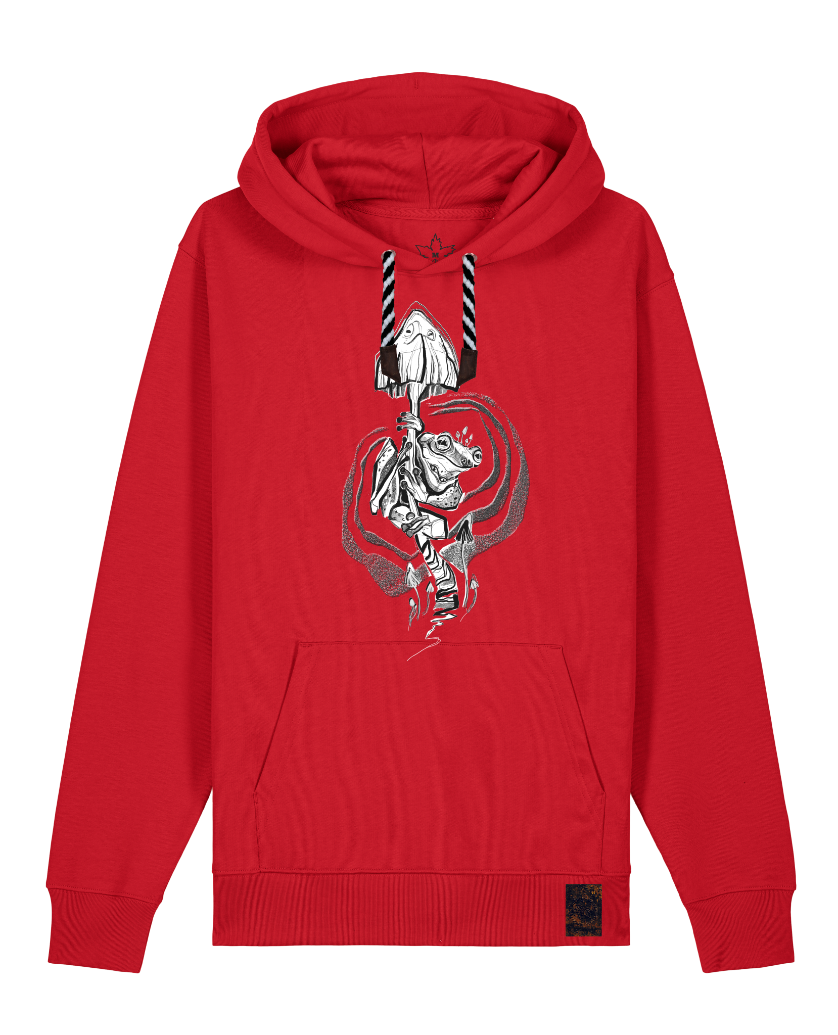 bio-unisex-medium fit-hoodie-frosch auf pilz-stsu177-erdbeere-sw kordel-front