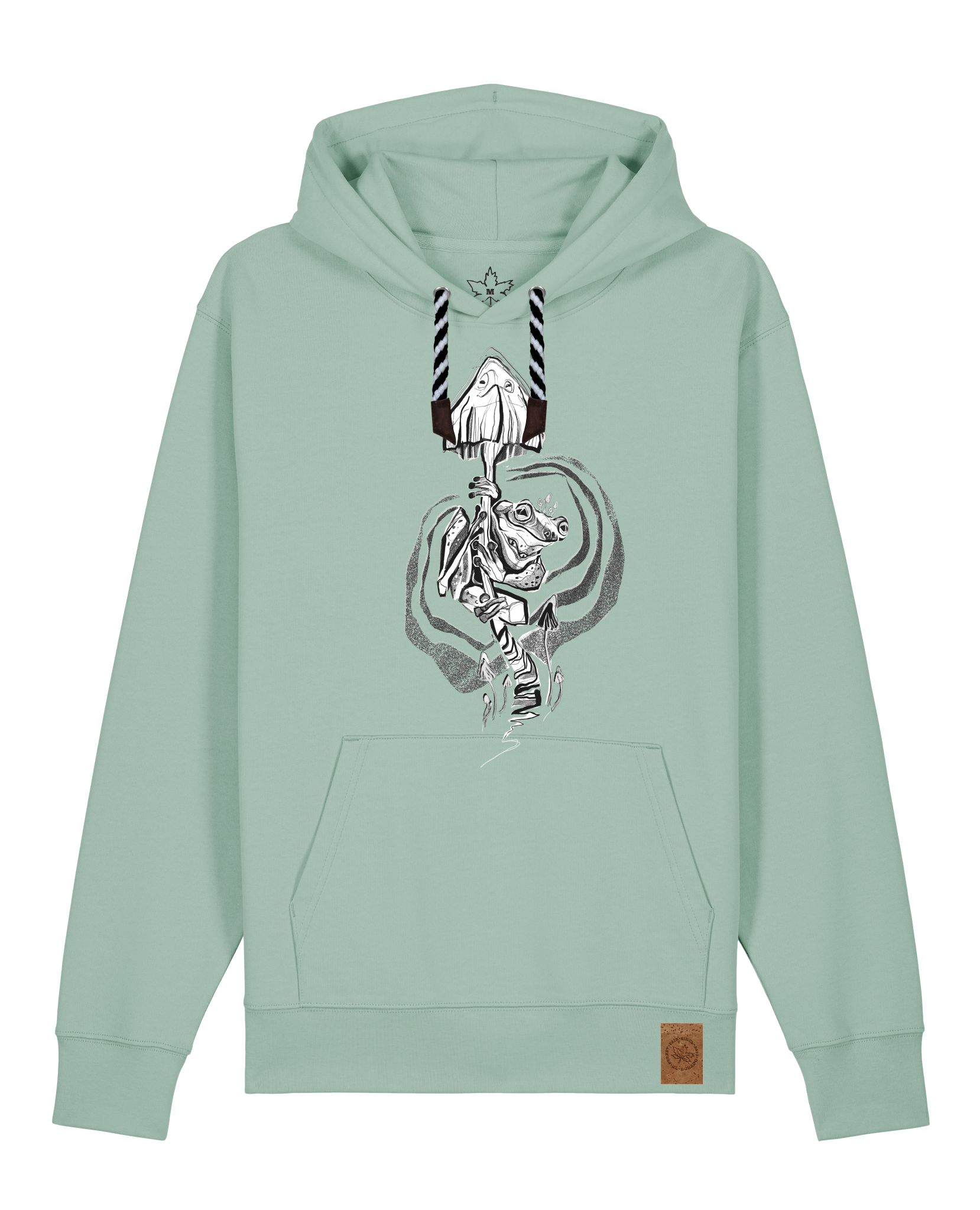 bio-unisex-medium fit-hoodie-frosch auf pilz-stsu177-eukalyptus-sw kordel-front