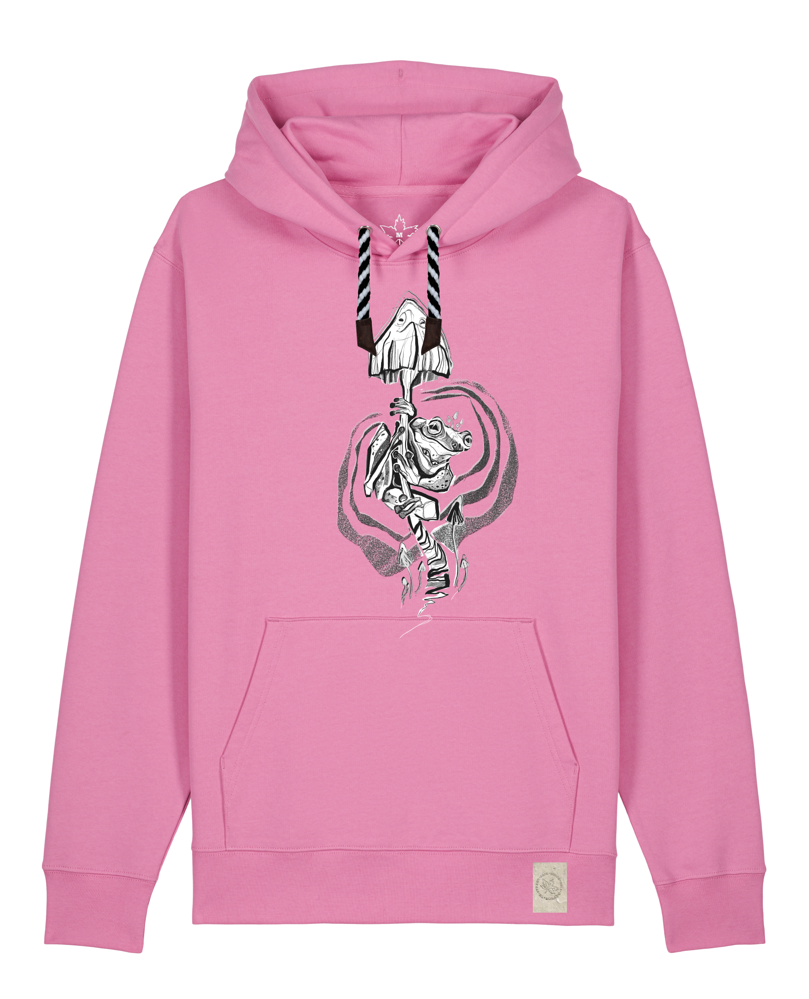 bio-unisex-medium fit-hoodie-frosch auf pilz-stsu177-kaugummi-sw kordel-front