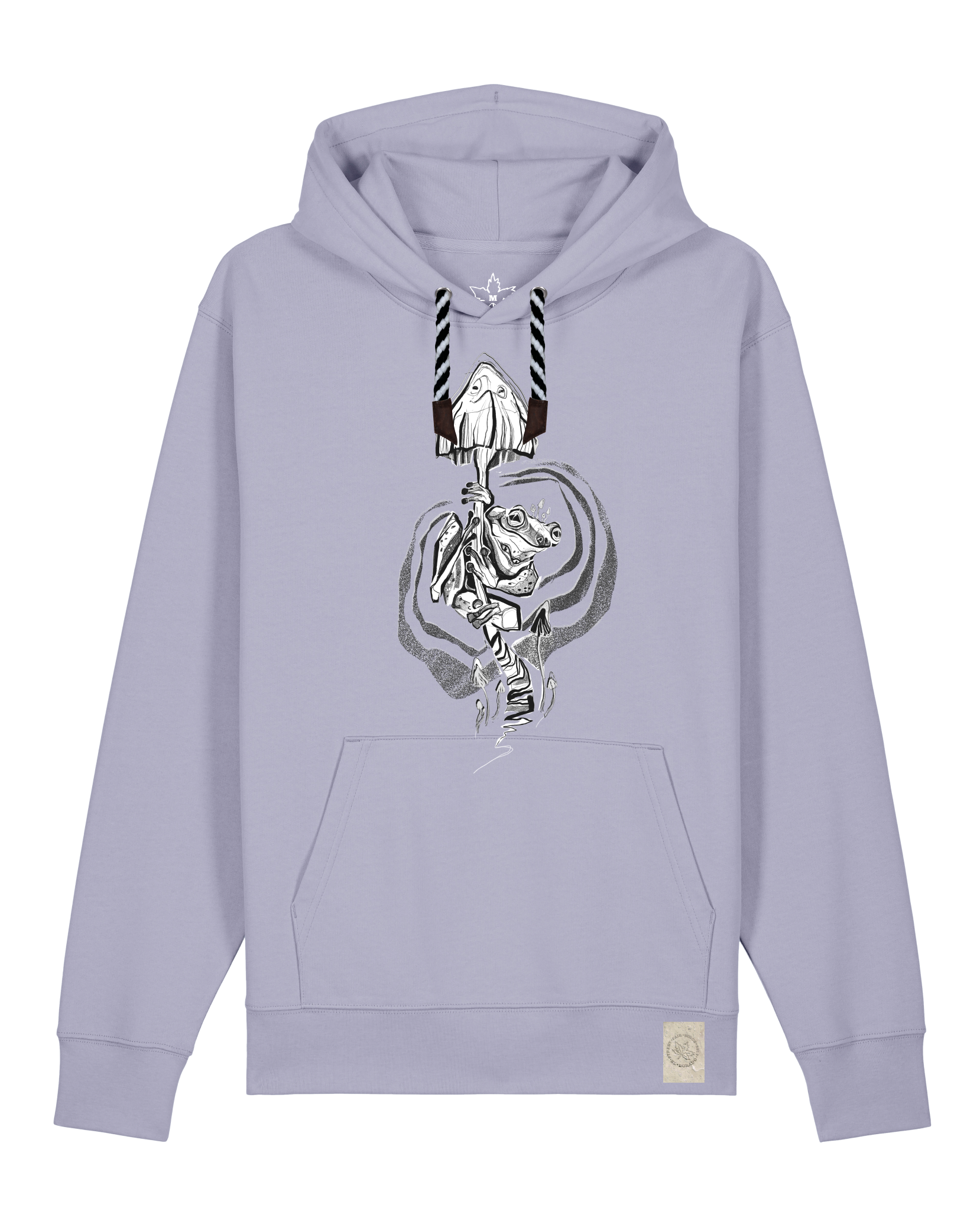 bio-unisex-medium fit-hoodie-frosch auf pilz-stsu177-lavender-sw kordel-front