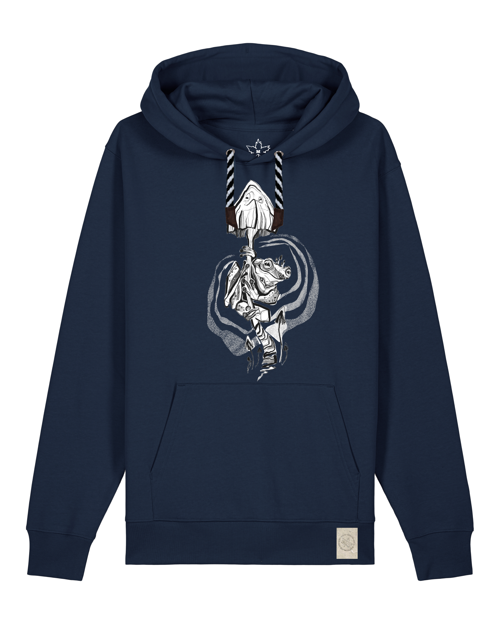 bio-unisex-medium fit-hoodie-frosch auf pilz-stsu177-marine-sw kordel-front