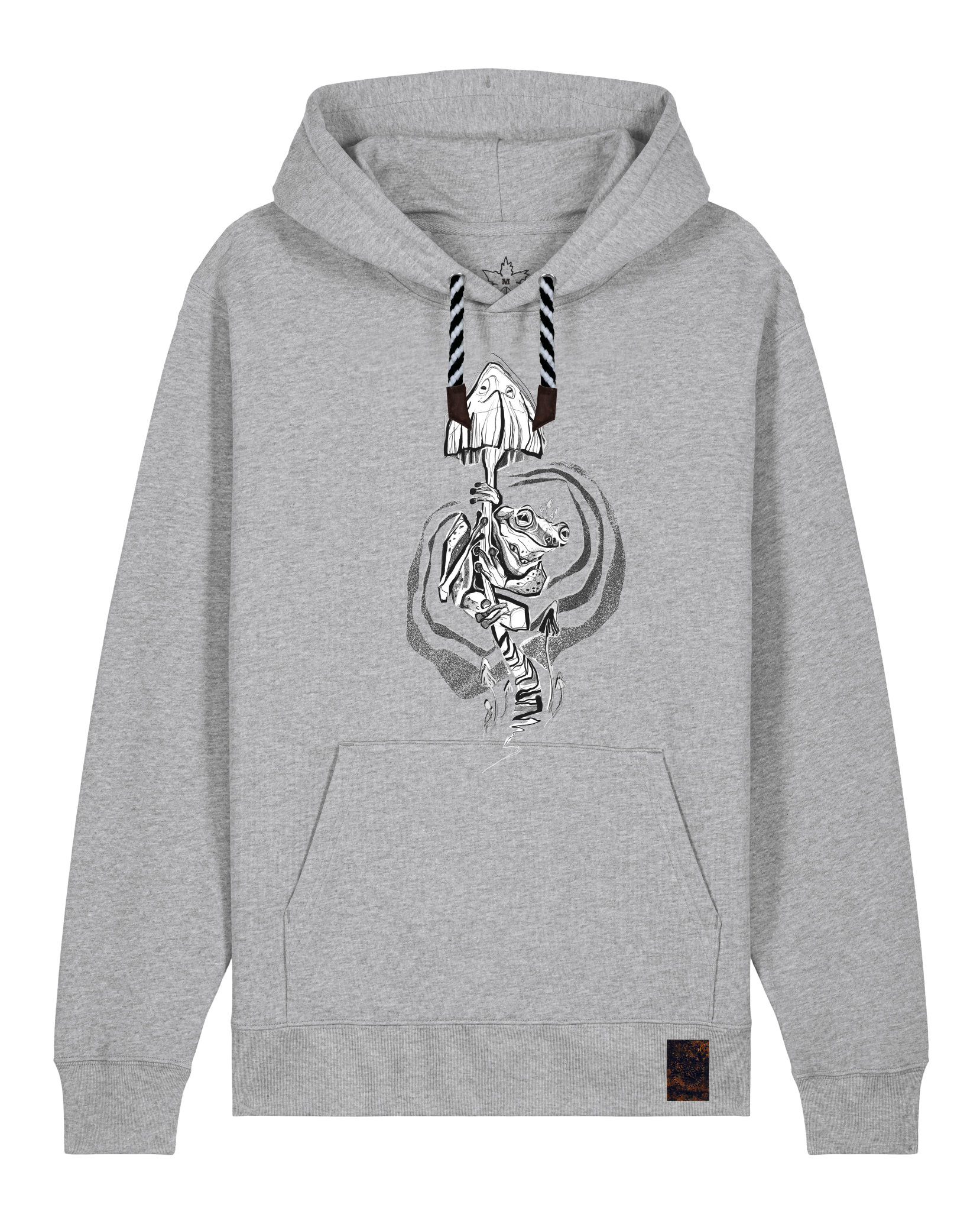 bio-unisex-medium fit-hoodie-frosch auf pilz-stsu177-mausgrau-sw kordel-front