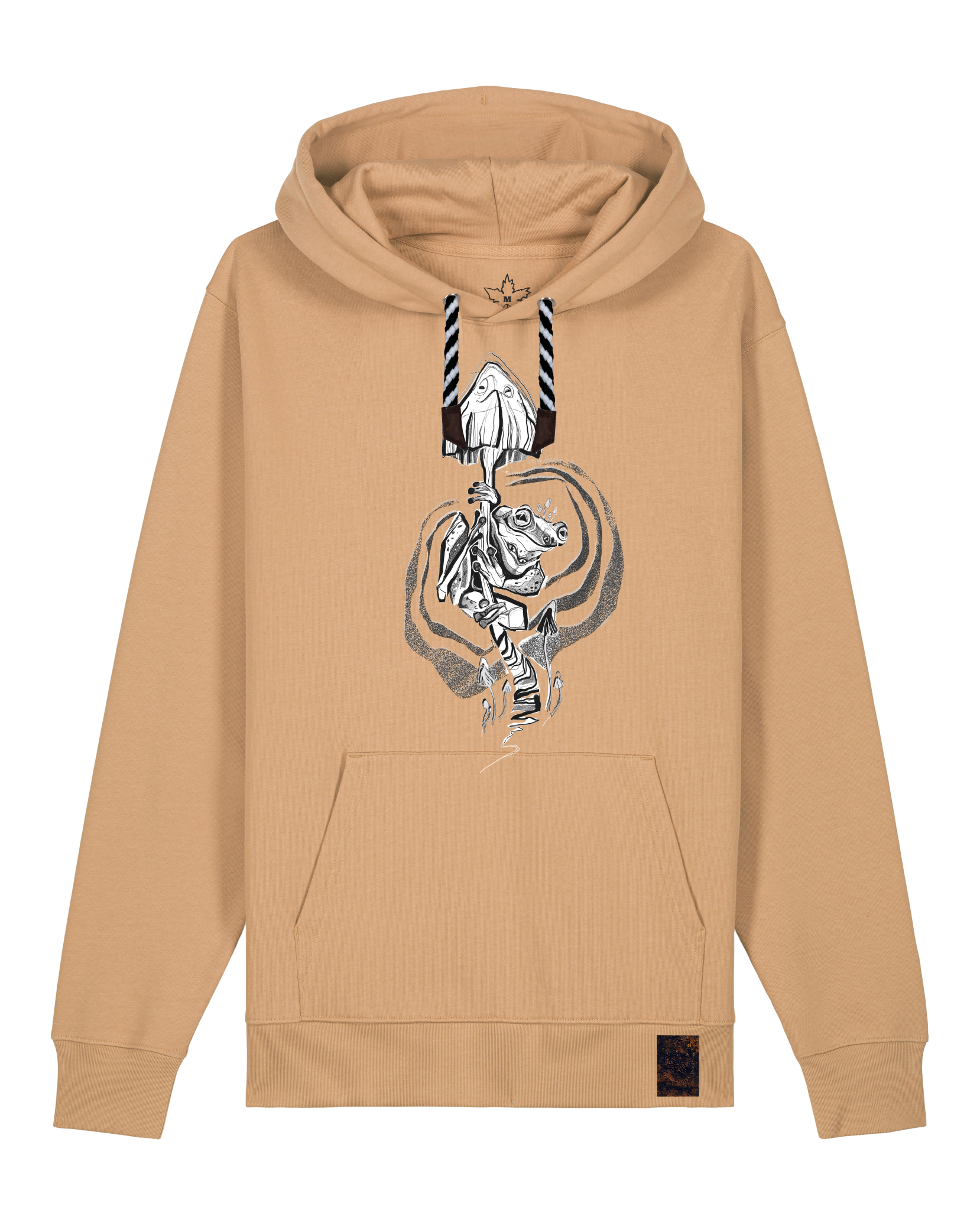 bio-unisex-medium fit-hoodie-frosch auf pilz-stsu177-meersand-sw kordel-front