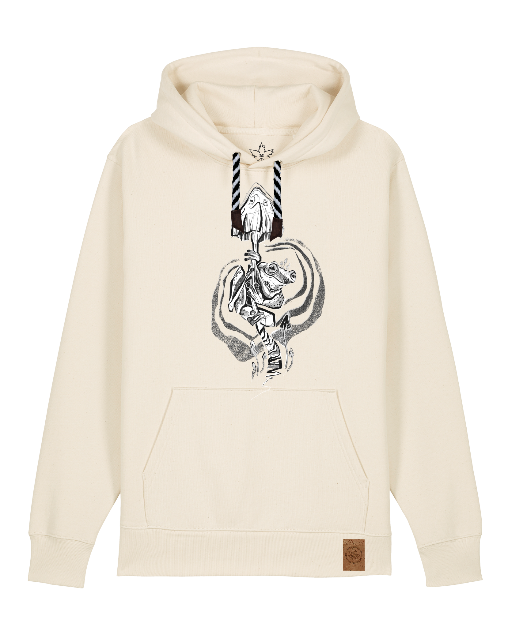 bio-unisex-medium fit-hoodie-frosch auf pilz-stsu177-natur-sw kordel-front