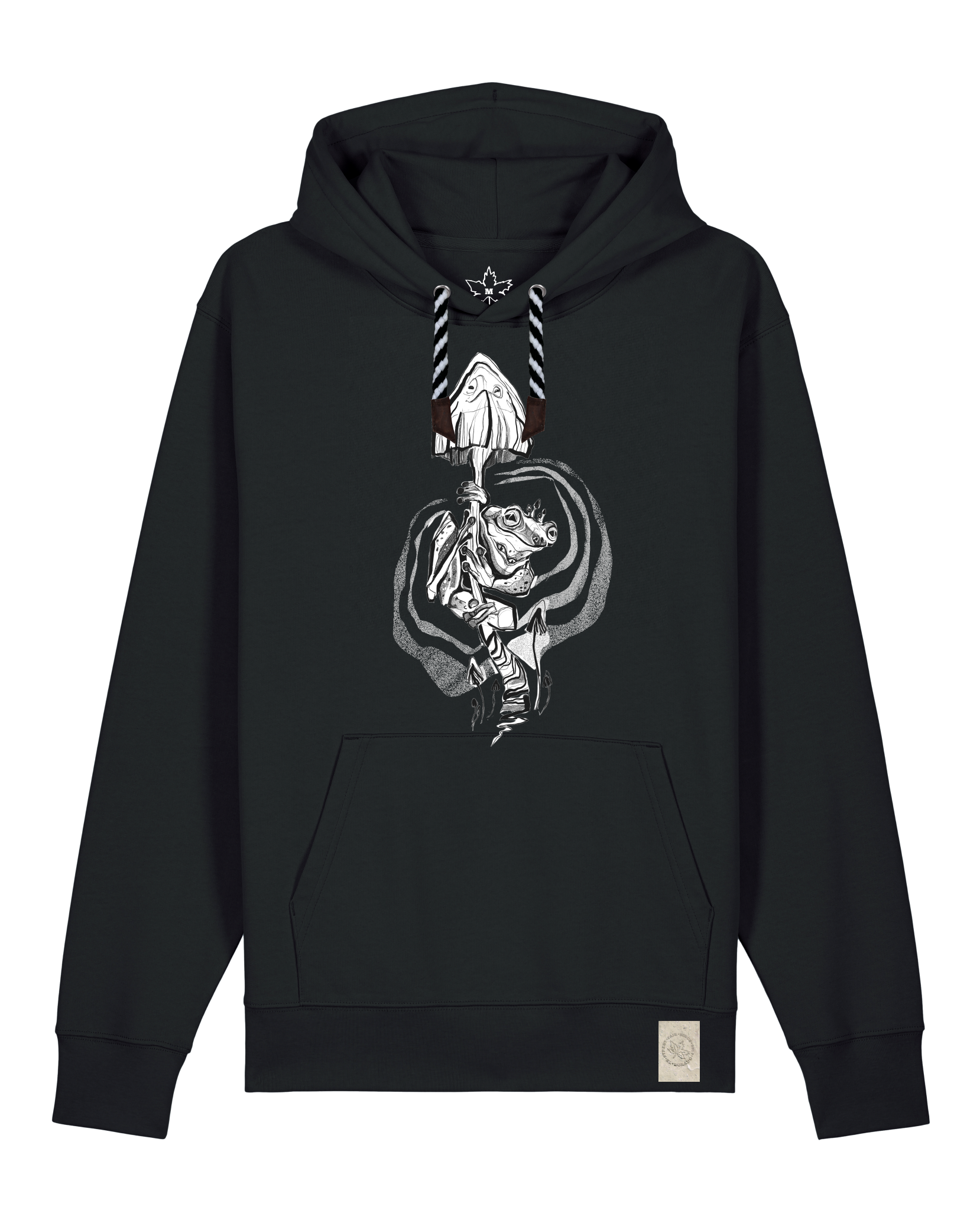 bio-unisex-medium fit-hoodie-frosch auf pilz-stsu177-schwarz-sw kordel-front