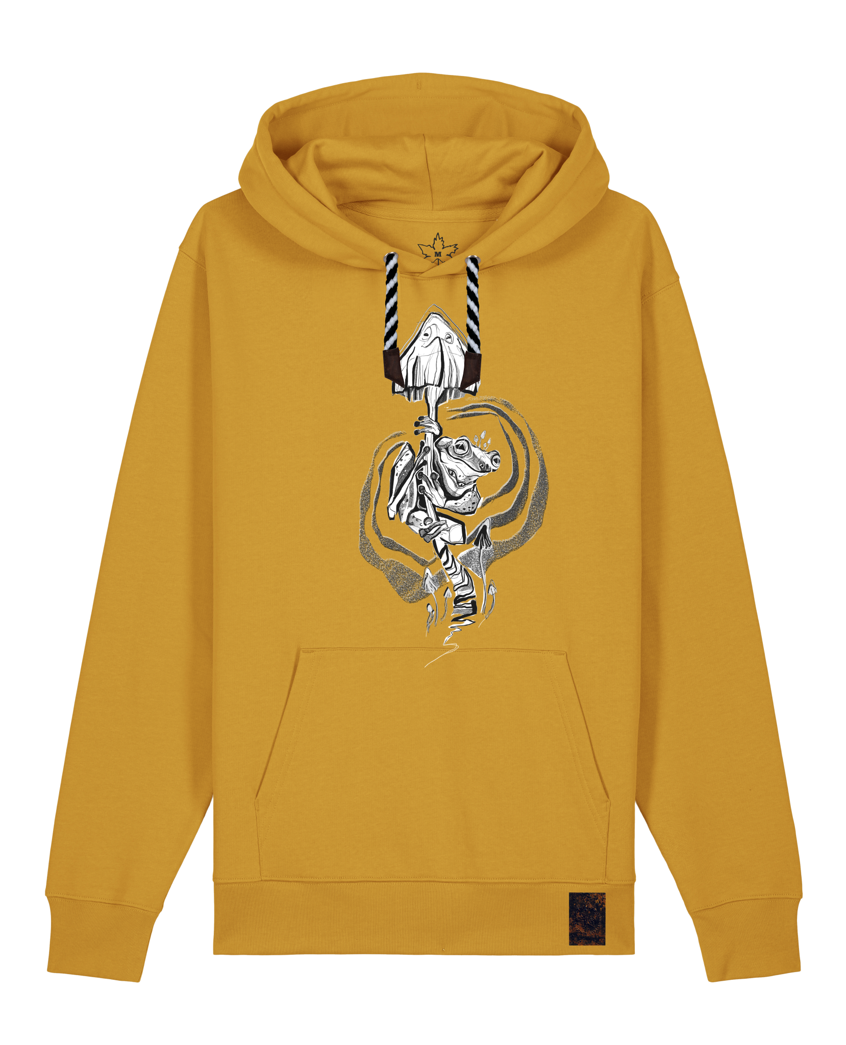 bio-unisex-medium fit-hoodie-frosch auf pilz-stsu177-senf-sw kordel-front