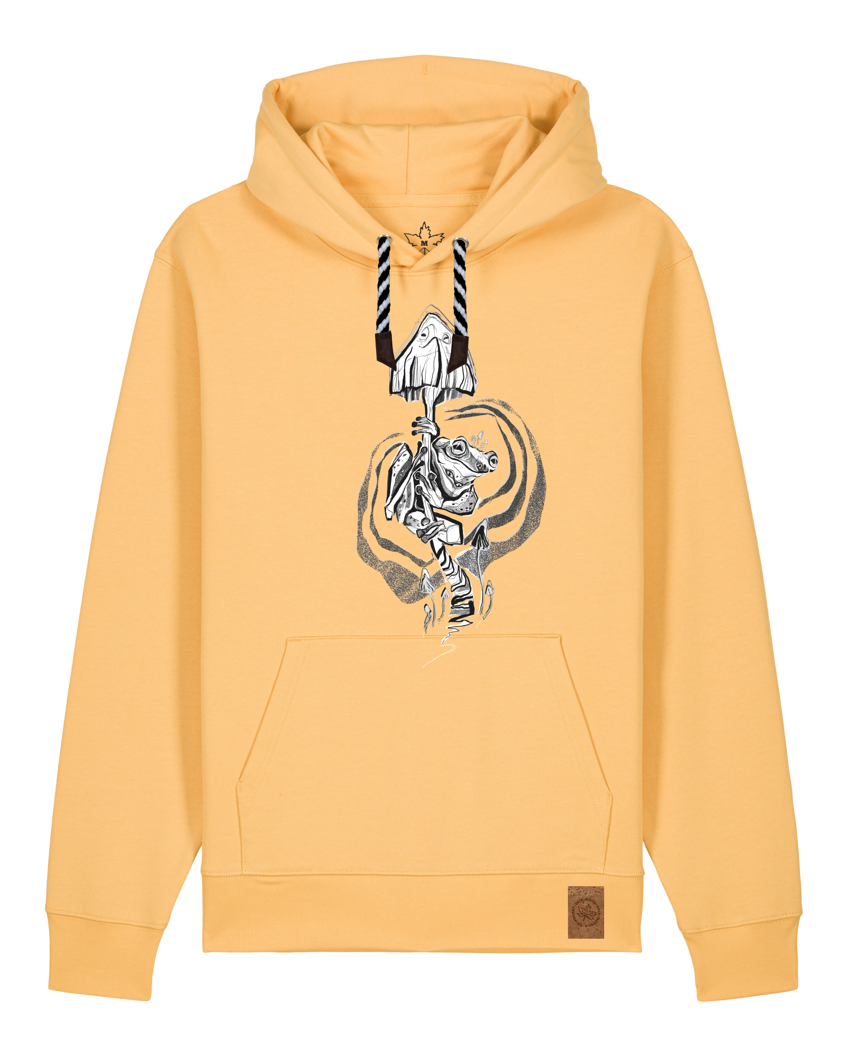 bio-unisex-medium fit-hoodie-frosch auf pilz-stsu177-senfkorn-sw kordel-front