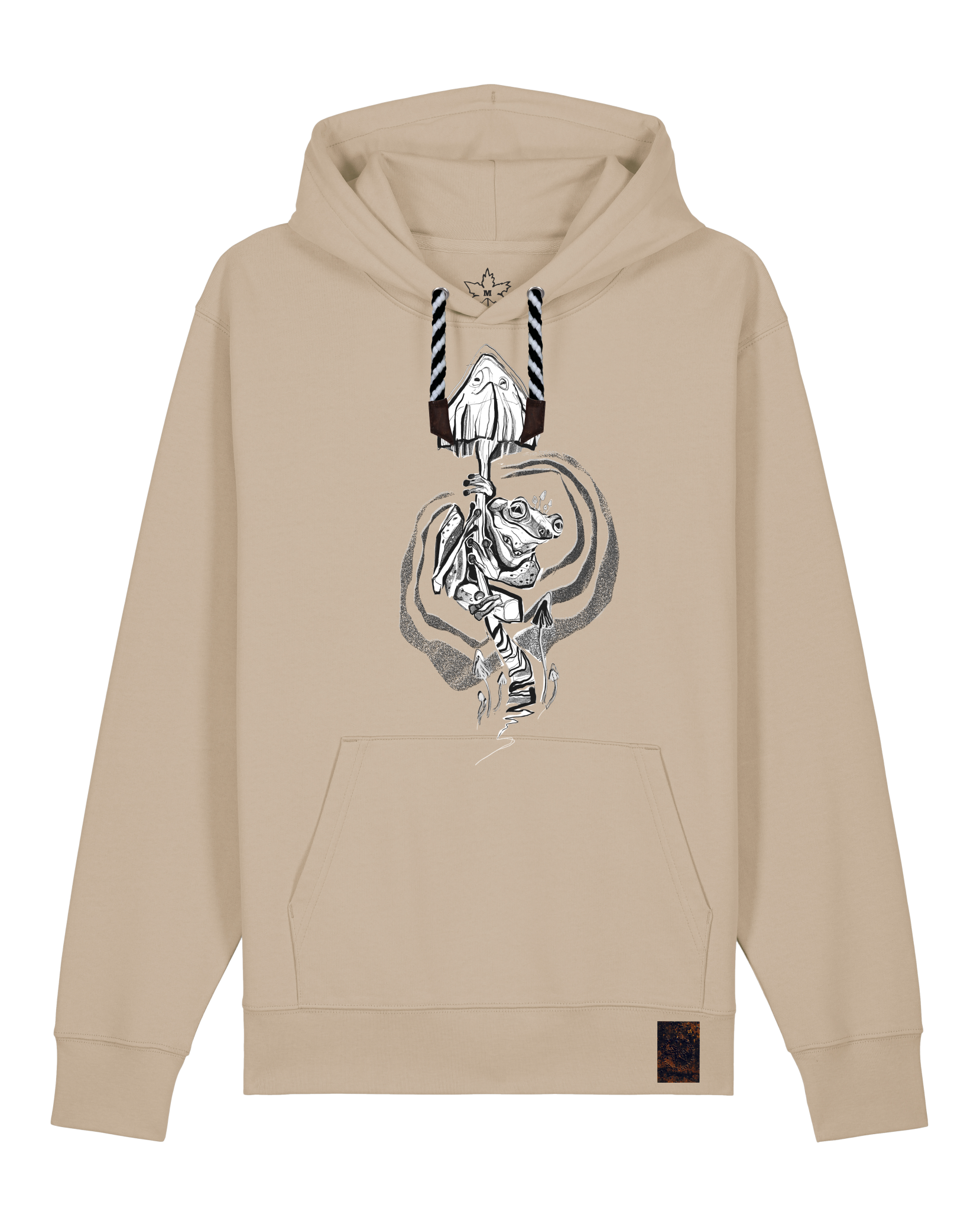 bio-unisex-medium fit-hoodie-frosch auf pilz-stsu177-treibsand-sw kordel-front
