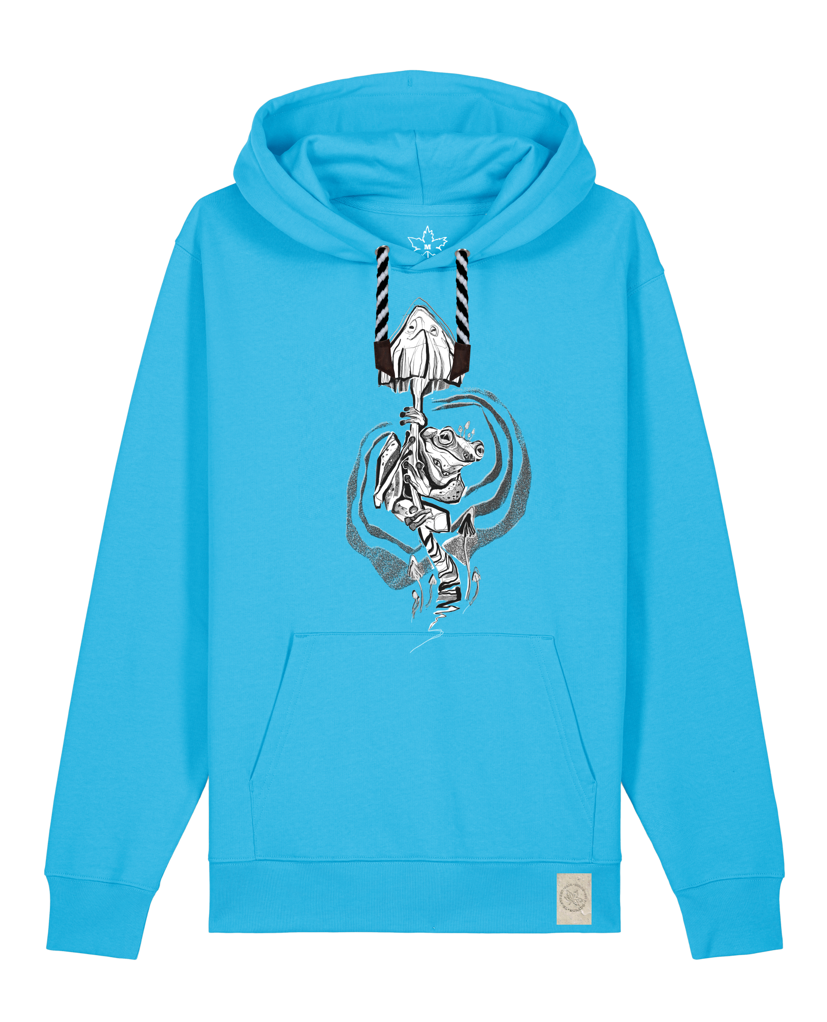 bio-unisex-medium fit-hoodie-frosch auf pilz-stsu177-wasserblau-sw kordel-front