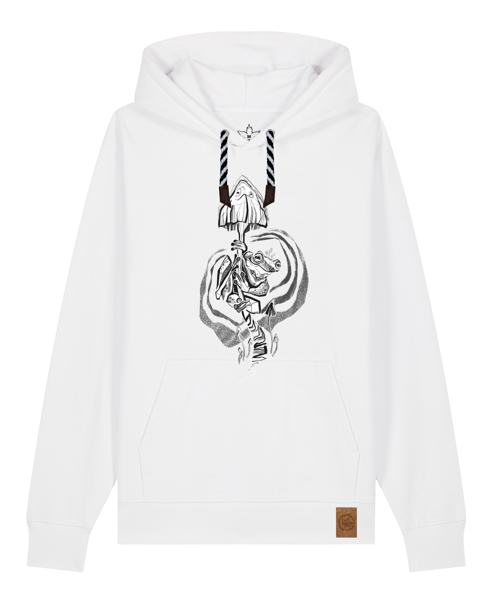 bio-unisex-medium fit-hoodie-frosch auf pilz-stsu177-weiß-sw kordel-front