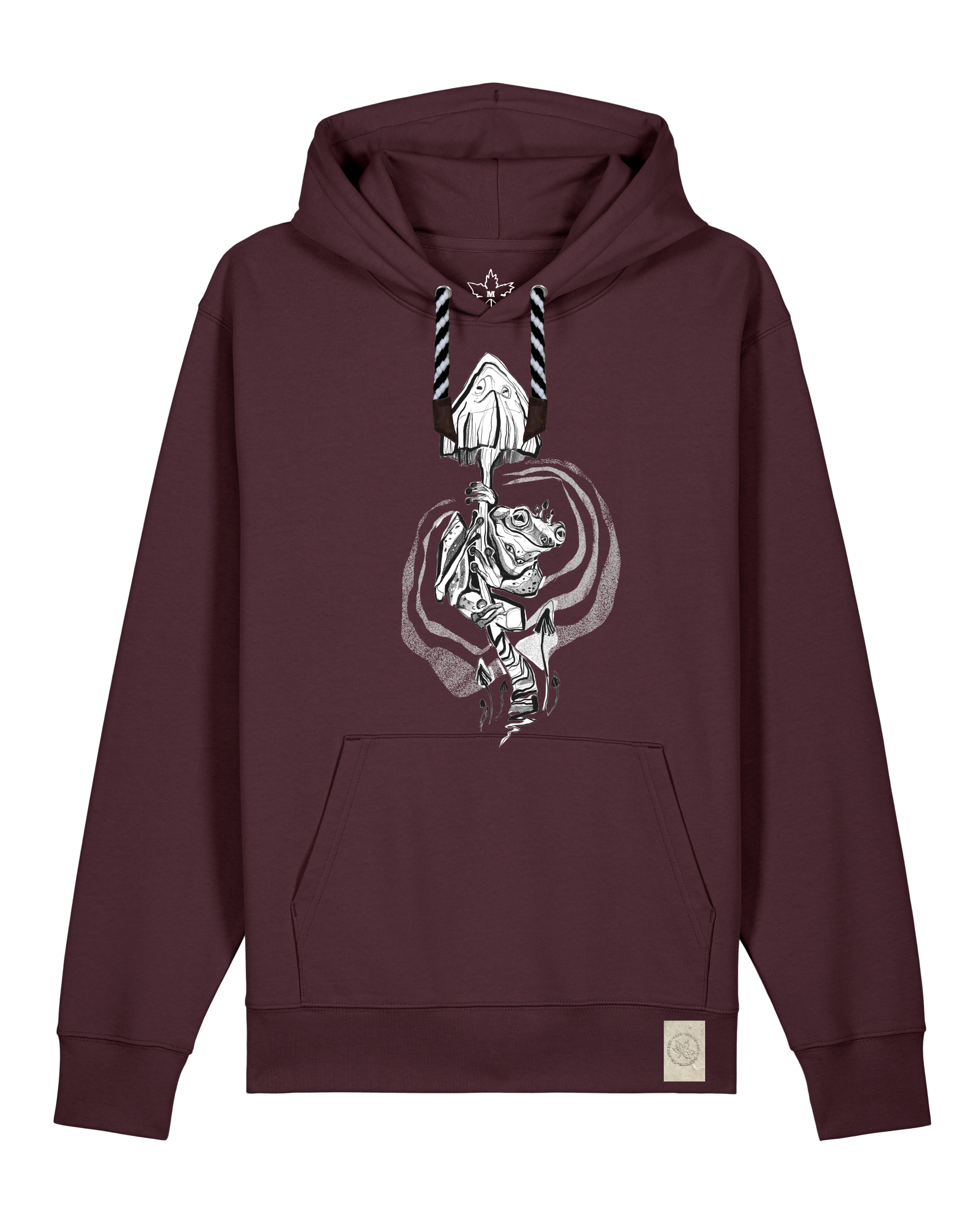 bio-unisex-medium fit-hoodie-frosch auf pilz-stsu177-zartbitter-sw kordel-front