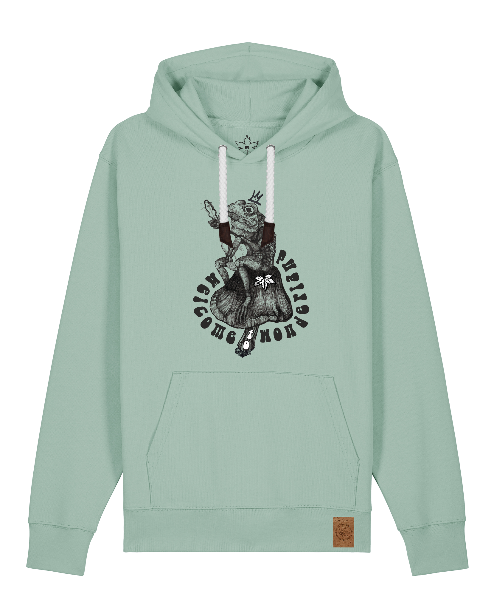 bio-unisex-medium fit-hoodie-froschkönig-stsu177-eukalyptus-weiße kordel-front