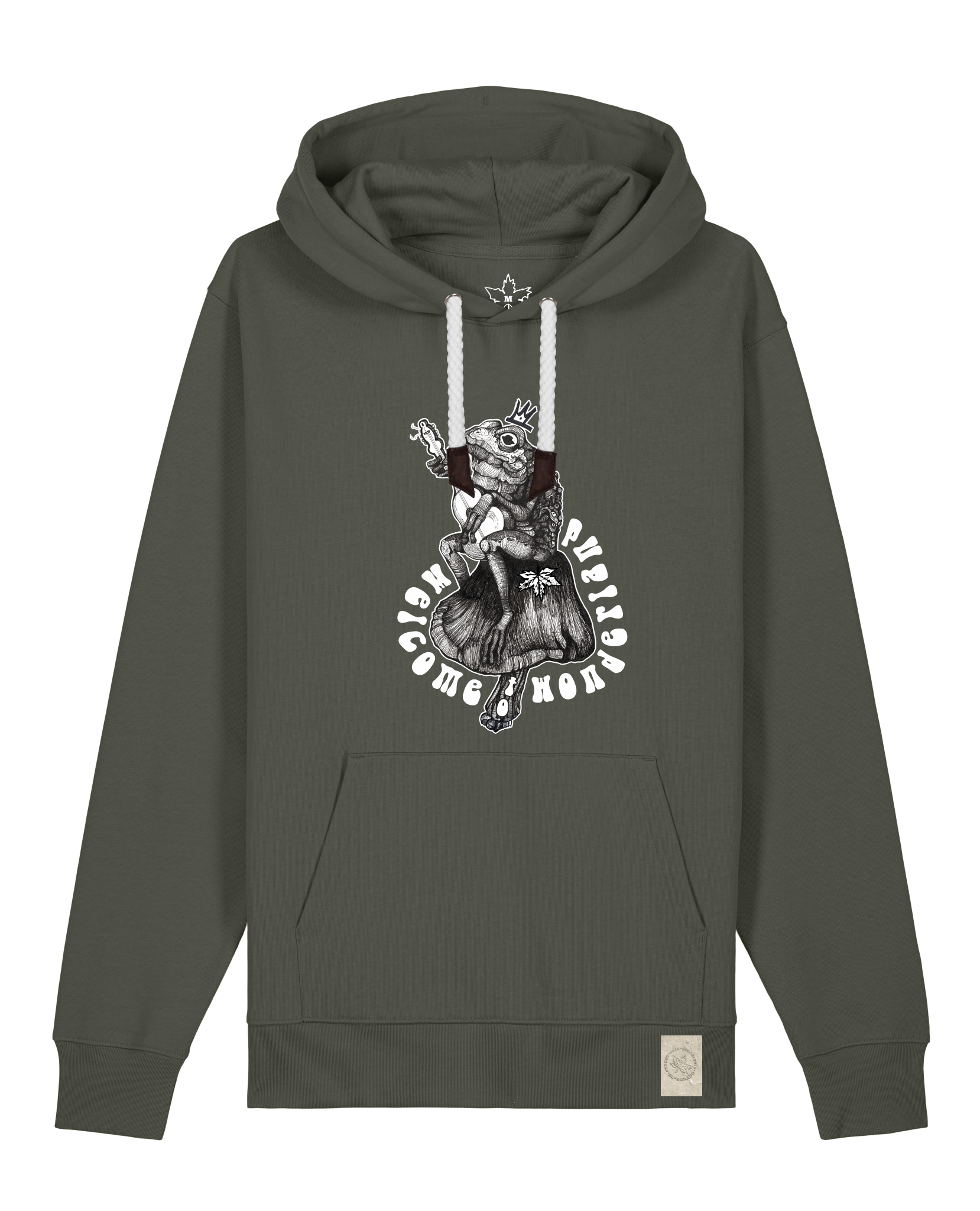 bio-unisex-medium fit-hoodie-froschkönig-stsu177-grunkohl-weiße kordel-front