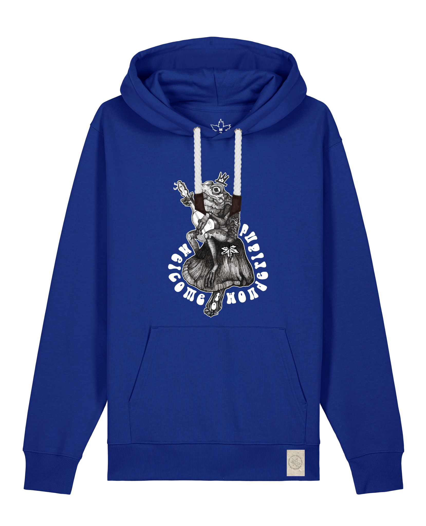 bio-unisex-medium fit-hoodie-froschkönig-stsu177-kornblume-weiße kordel-front