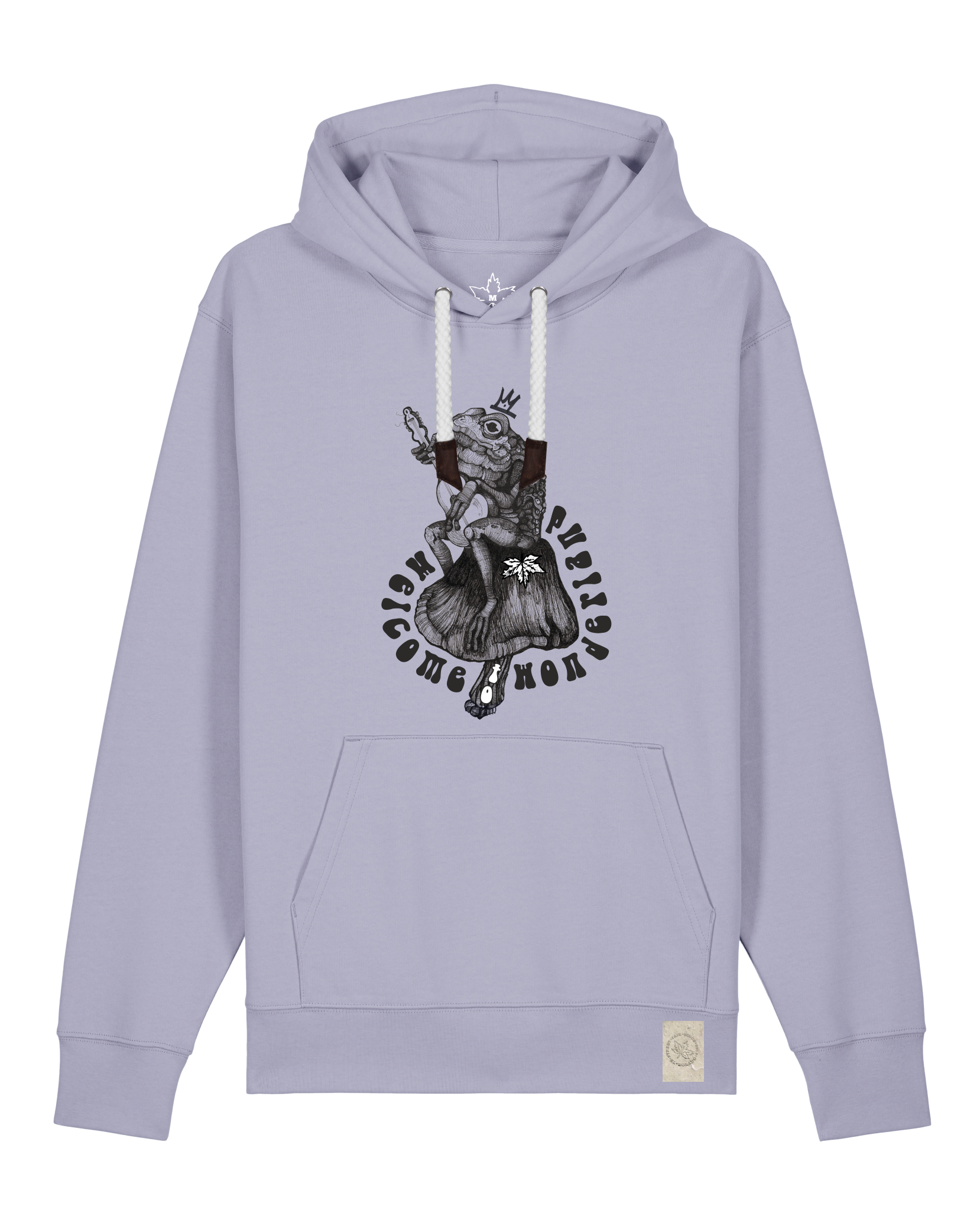 bio-unisex-medium fit-hoodie-froschkönig-stsu177-lavender-weiße kordel-front