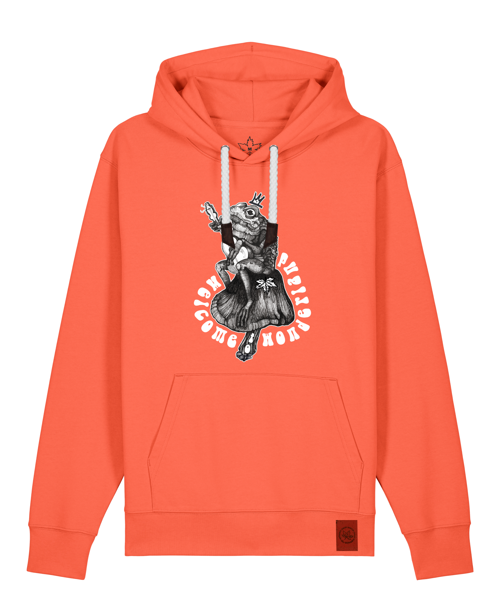 bio-unisex-medium fit-hoodie-froschkönig-stsu177-mandarine-weiße kordel-front