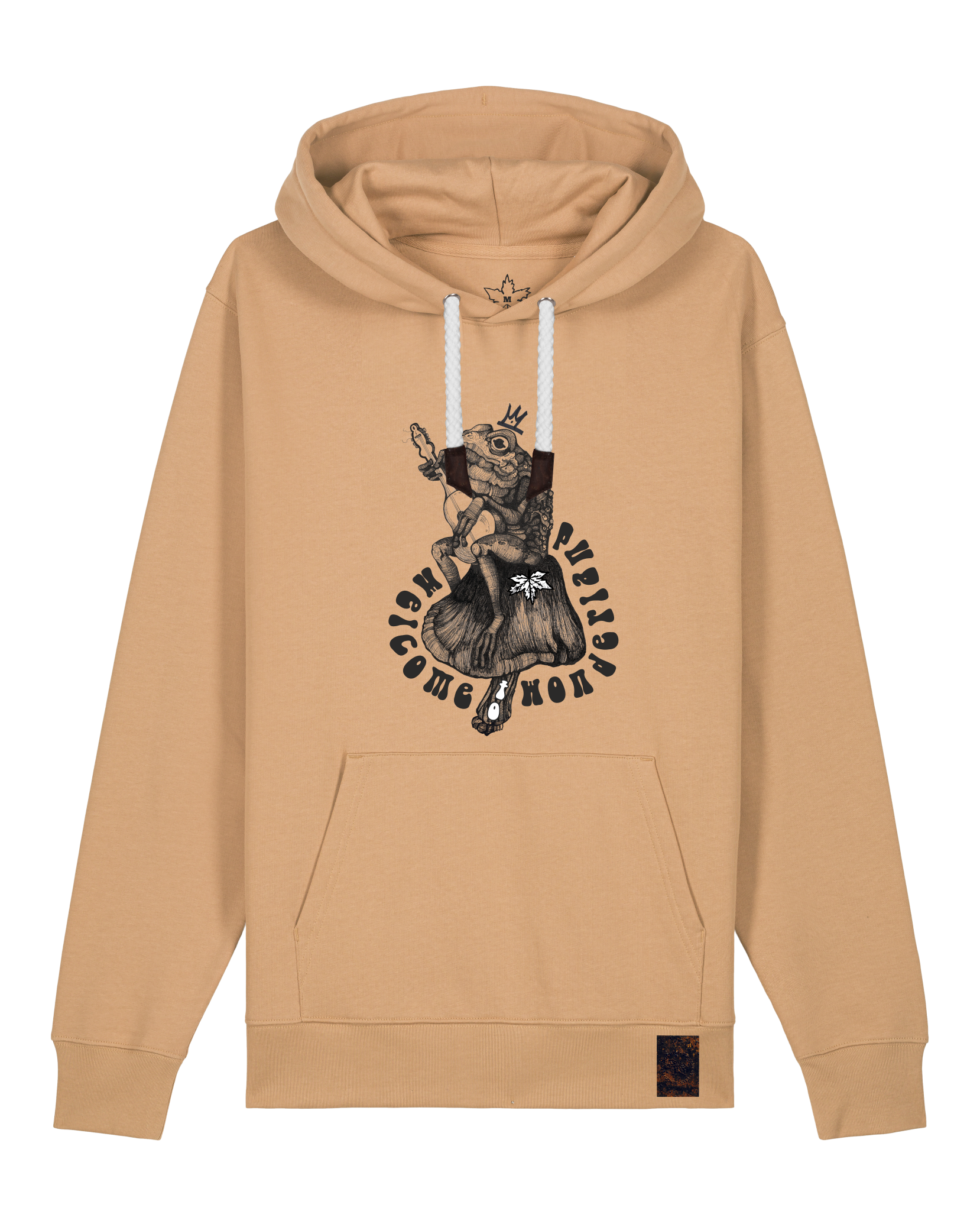 bio-unisex-medium fit-hoodie-froschkönig-stsu177-meersand-weiße kordel-front