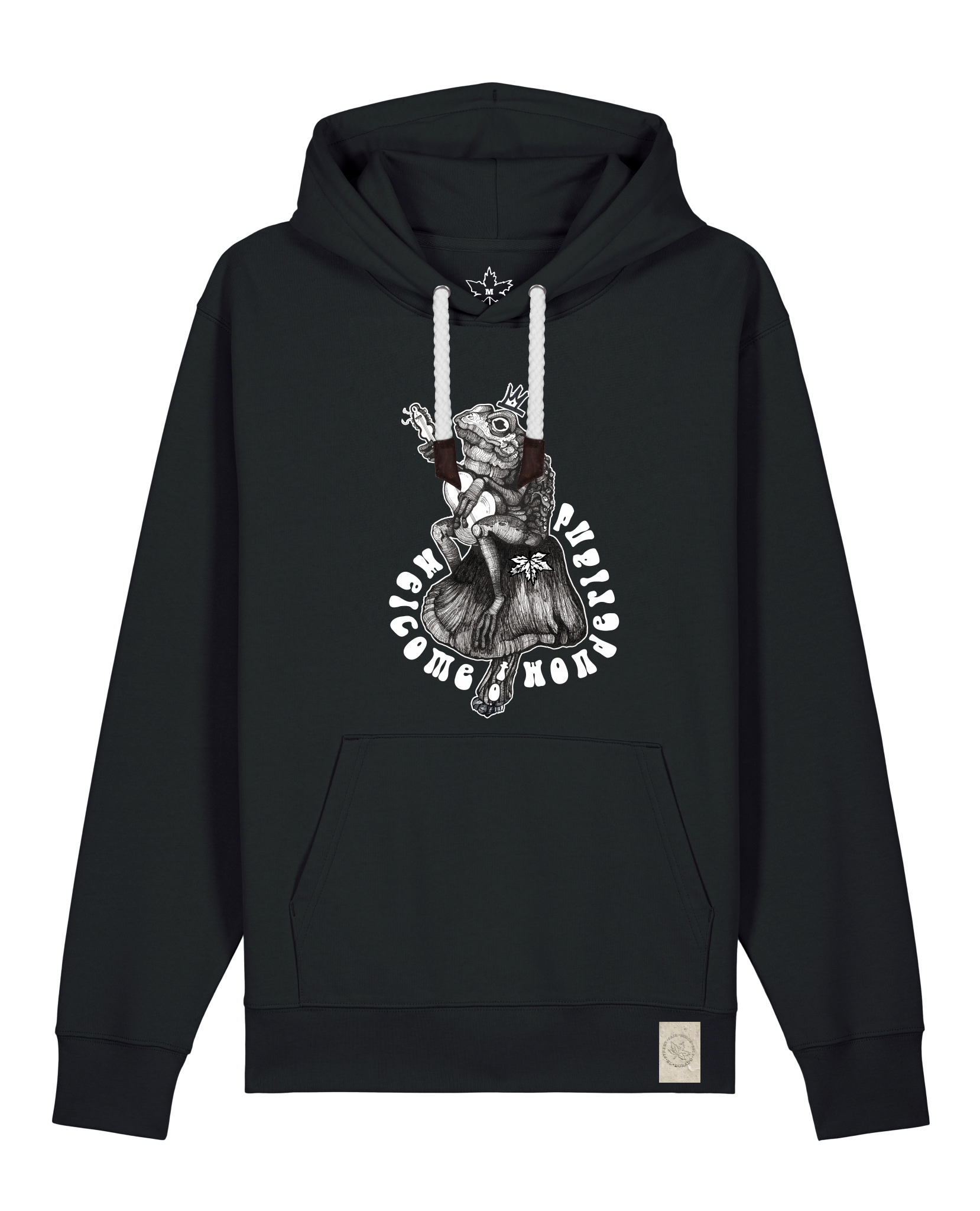 bio-unisex-medium fit-hoodie-froschkönig-stsu177-schwarz-weiße kordel-front