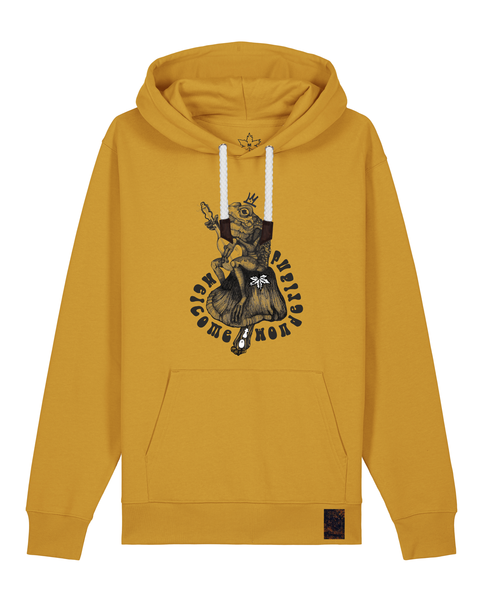 bio-unisex-medium fit-hoodie-froschkönig-stsu177-senf-weiße kordel-front