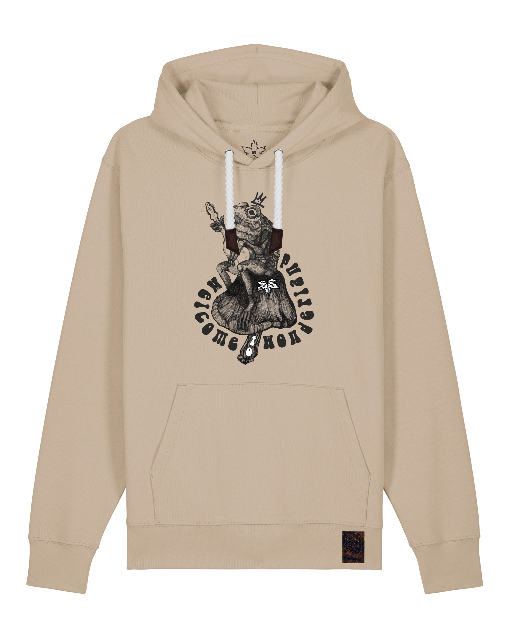 bio-unisex-medium fit-hoodie-froschkönig-stsu177-treibsand-weiße kordel-front