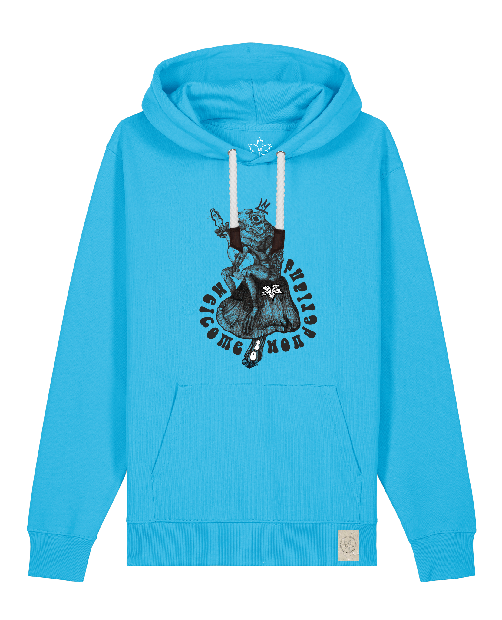 bio-unisex-medium fit-hoodie-froschkönig-stsu177-wasserblau-weiße kordel-front