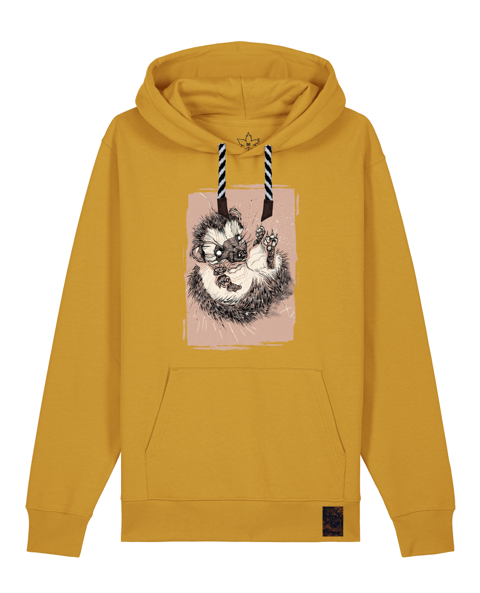 bio-unisex-medium fit-hoodie-igel-stsu177-senf-sw kordel-front