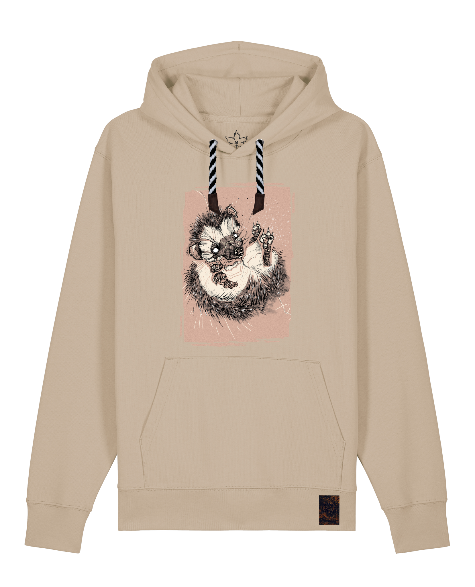 bio-unisex-medium fit-hoodie-igel-stsu177-treibsand-sw kordel-front