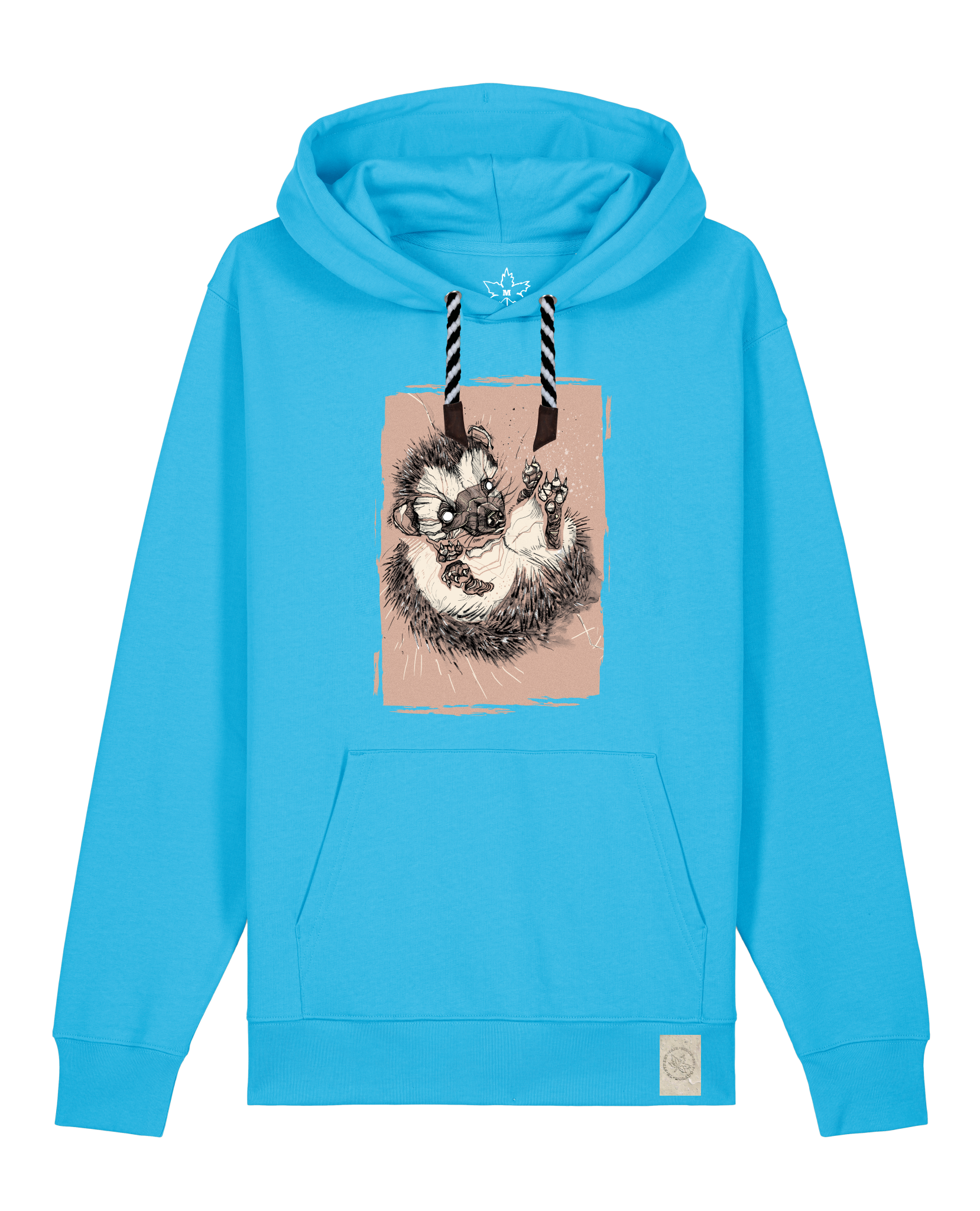 bio-unisex-medium fit-hoodie-igel-stsu177-wasserblau-sw kordel-front