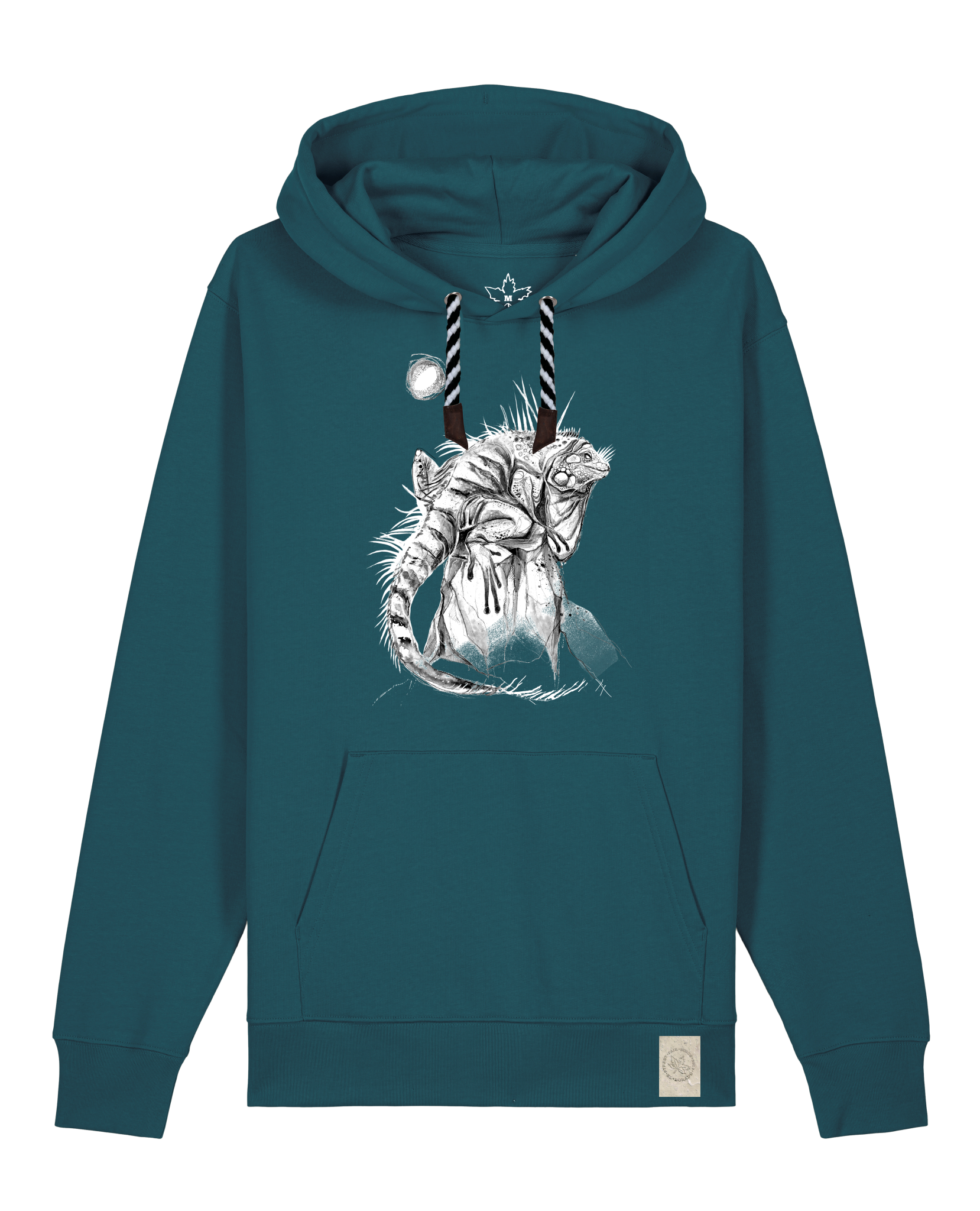 bio-unisex-medium fit-hoodie-iguana-stsu177-nordmanntanne-sw kordel-front