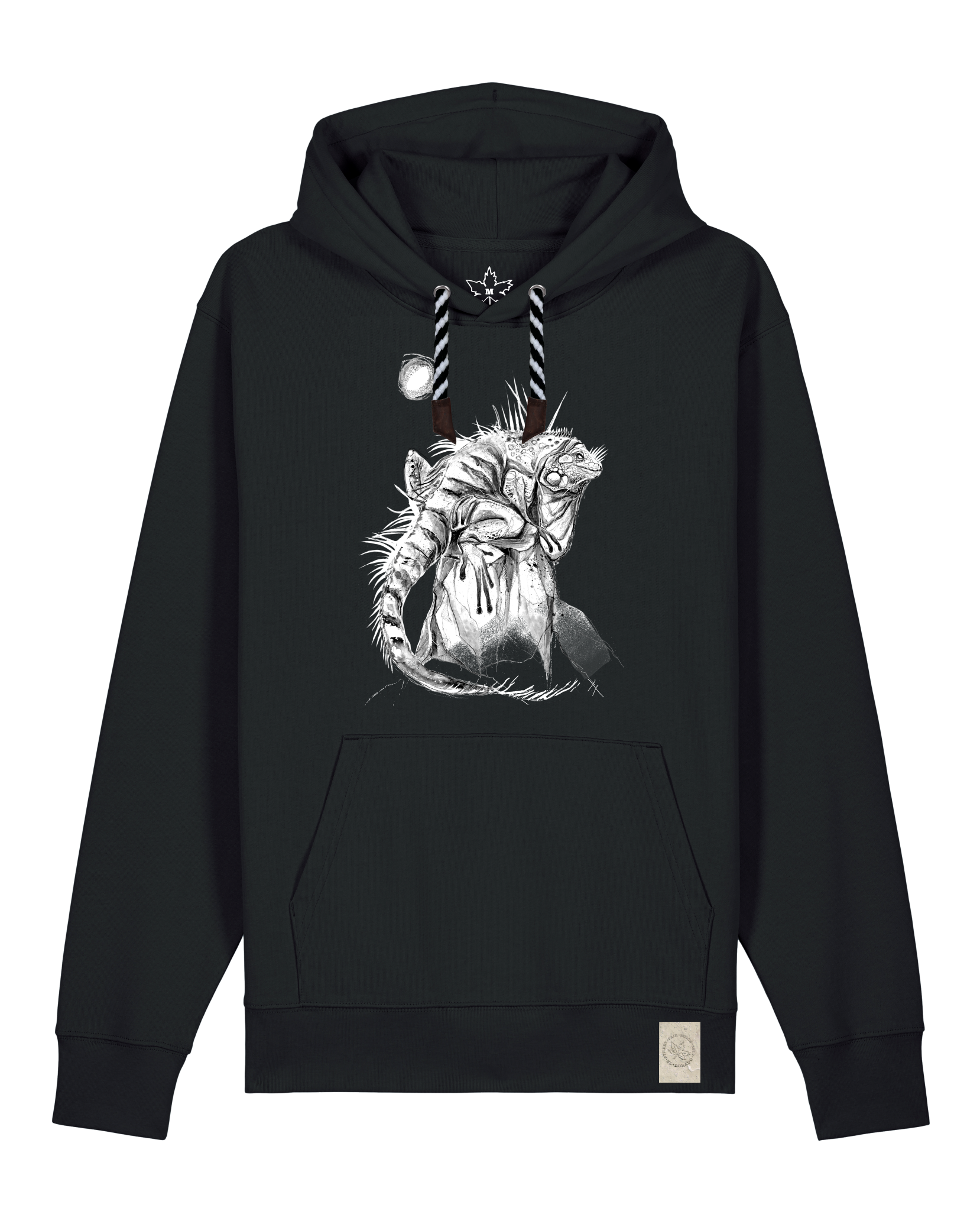 bio-unisex-medium fit-hoodie-iguana-stsu177-schwarz-sw kordel-front