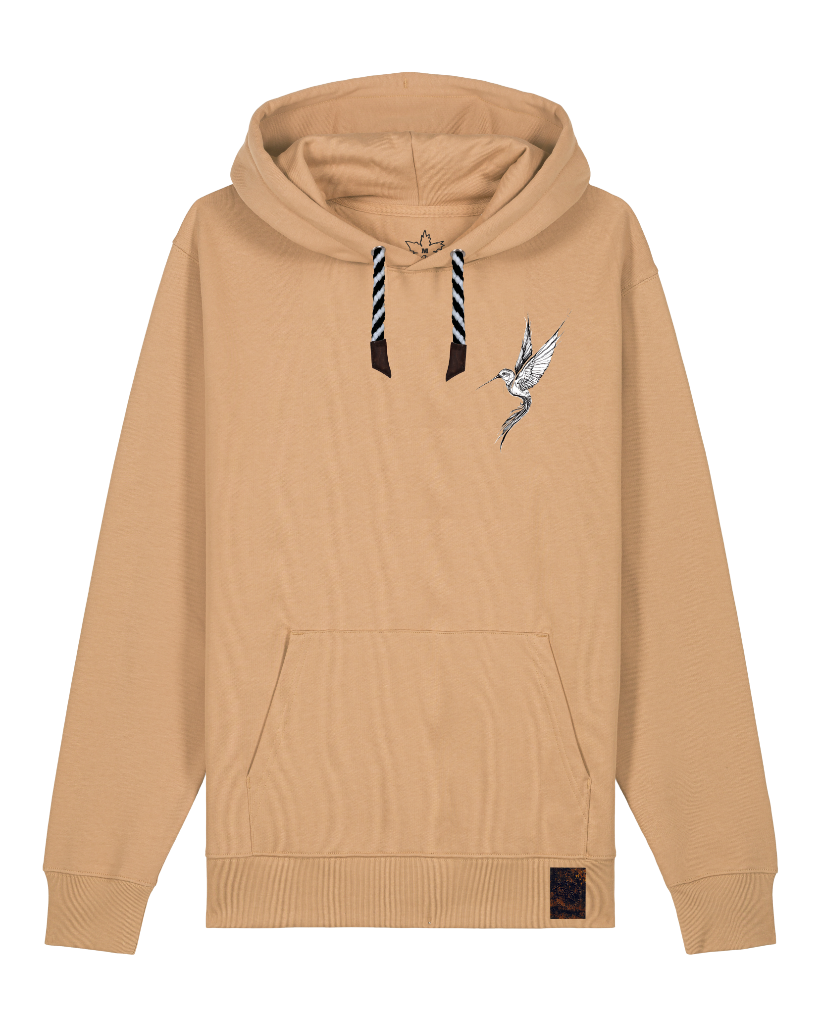 bio-unisex-medium fit-hoodie-kolibri (backprint)-stsu177-meersand-sw kordel-front