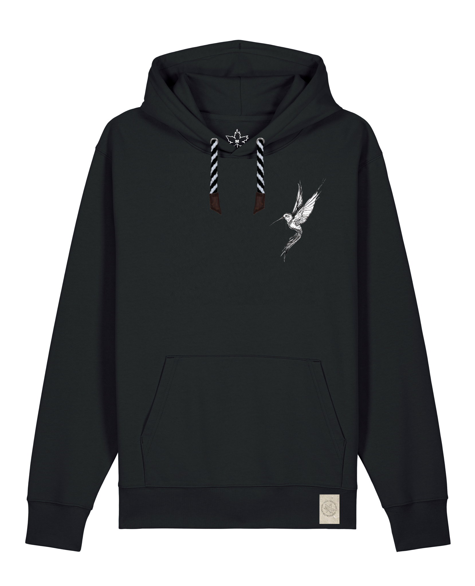 bio-unisex-medium fit-hoodie-kolibri (backprint)-stsu177-schwarz-sw kordel-front