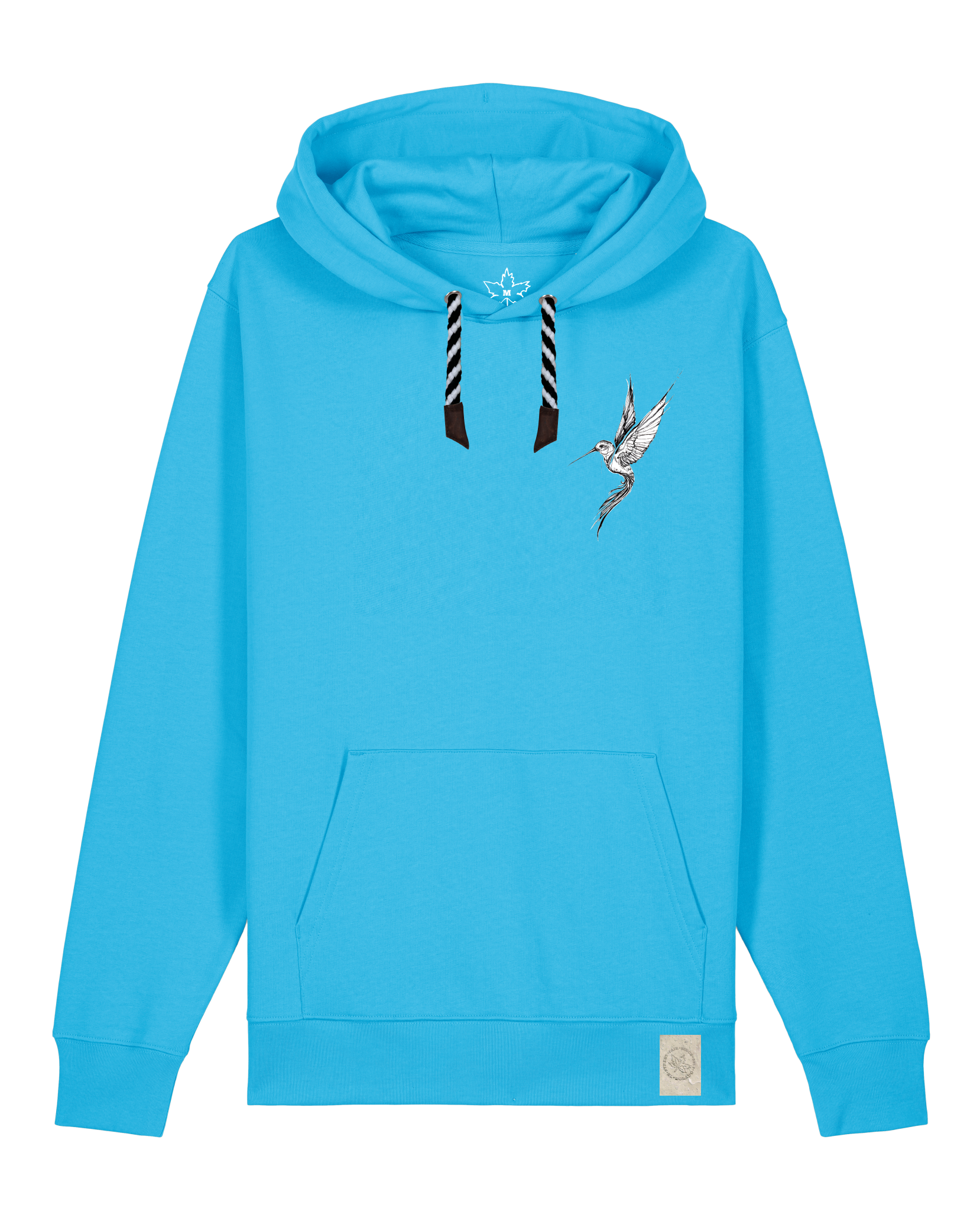 bio-unisex-medium fit-hoodie-kolibri (backprint)-stsu177-wasserblau-sw kordel-front