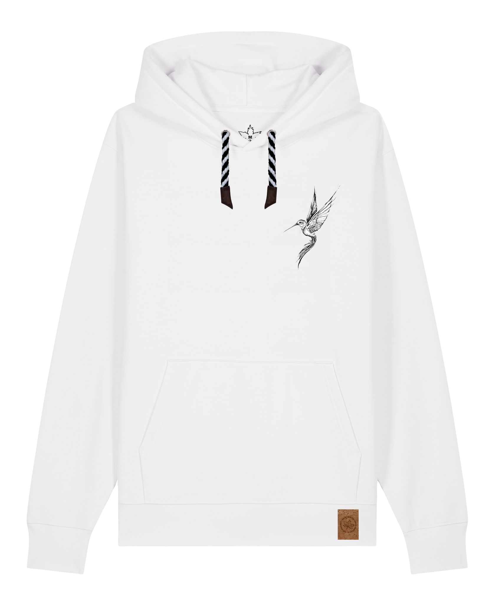 bio-unisex-medium fit-hoodie-kolibri (backprint)-stsu177-weiß-sw kordel-front