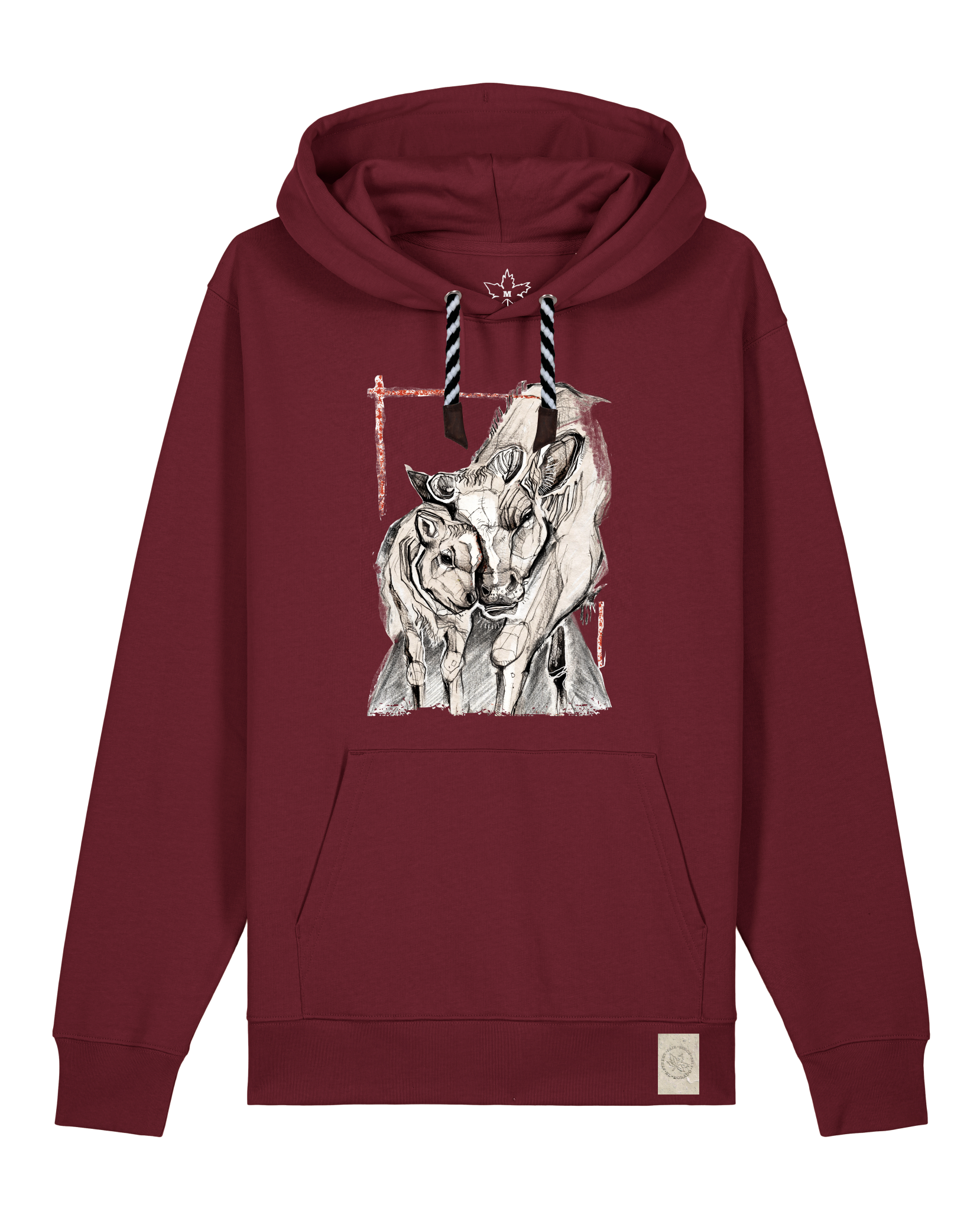 bio-unisex-medium fit-hoodie-kühe-stsu177-burgunder rot-sw kordel-front