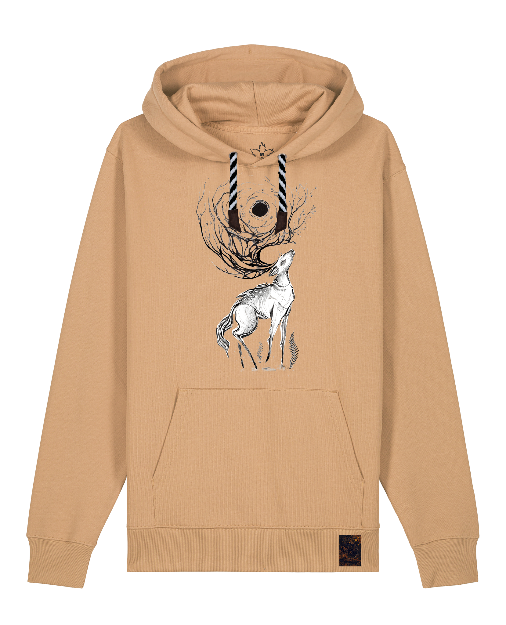 bio-unisex-medium fit-hoodie-moon deer-stsu177-meersand-sw kordel-front