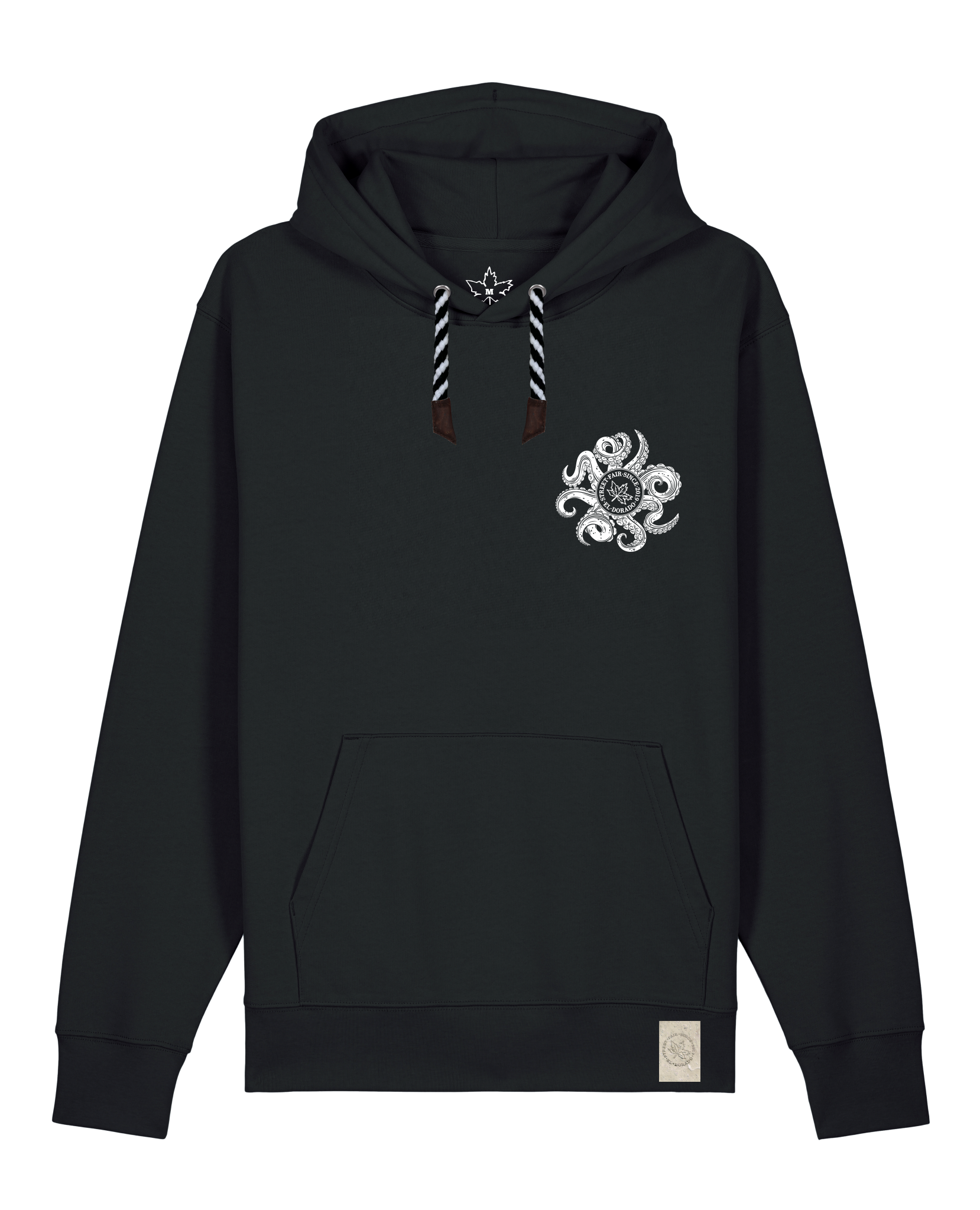 bio-unisex-medium fit-hoodie-octo (backprint)-stsu177-schwarz-sw kordel-front