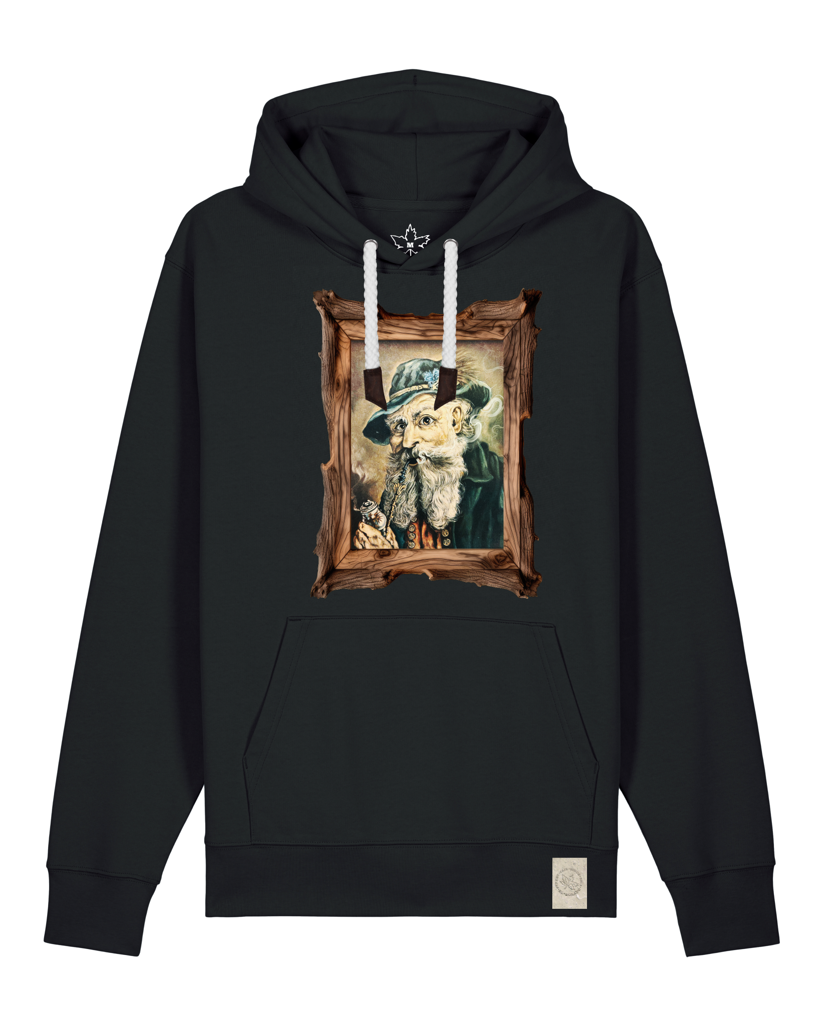 bio-unisex-medium fit-hoodie-räuchermann-stsu177-schwarz-weiße kordel-front