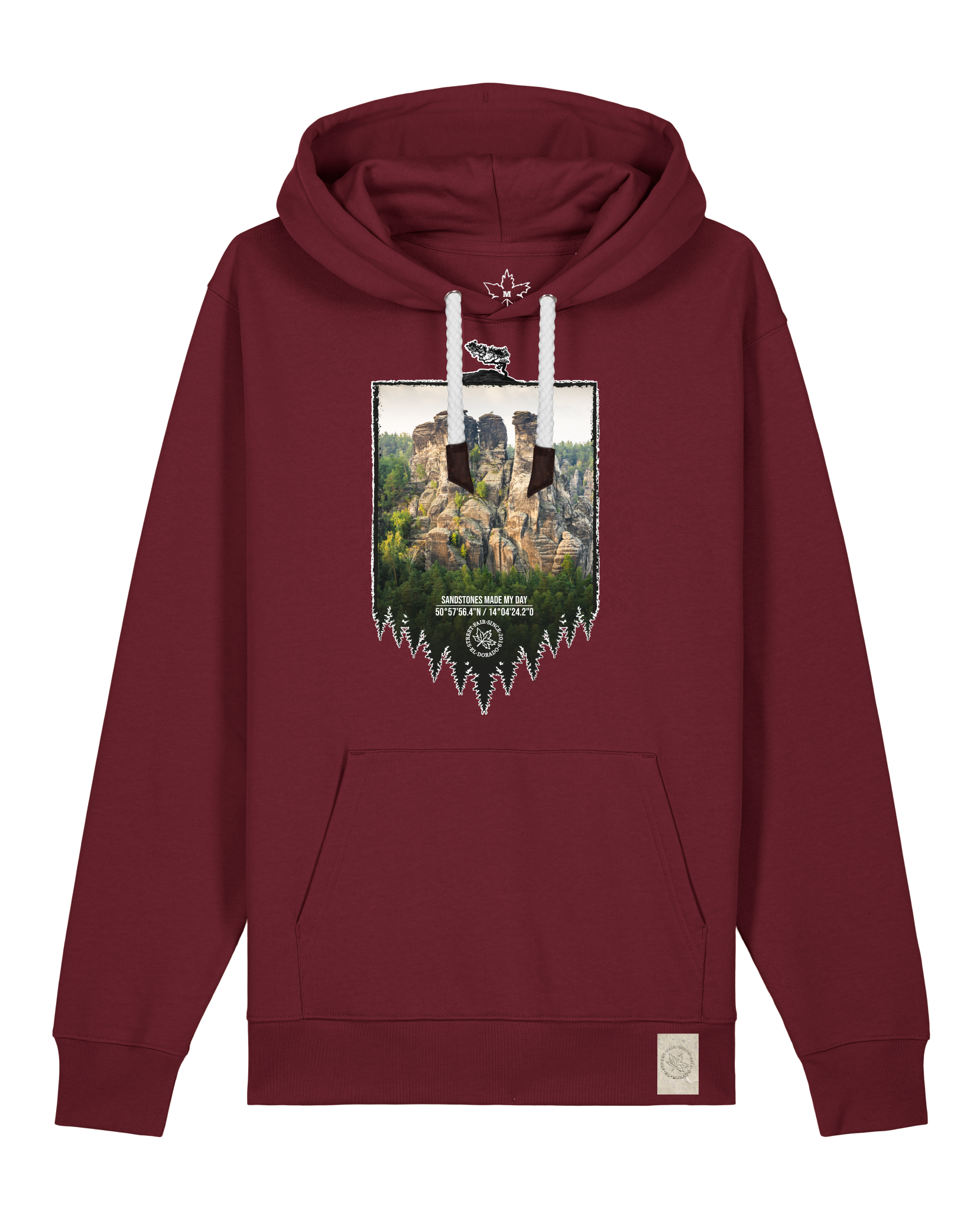 bio-unisex-medium fit-hoodie-sächsische schweiz-stsu177-burgunder rot-weiße kordel-front
