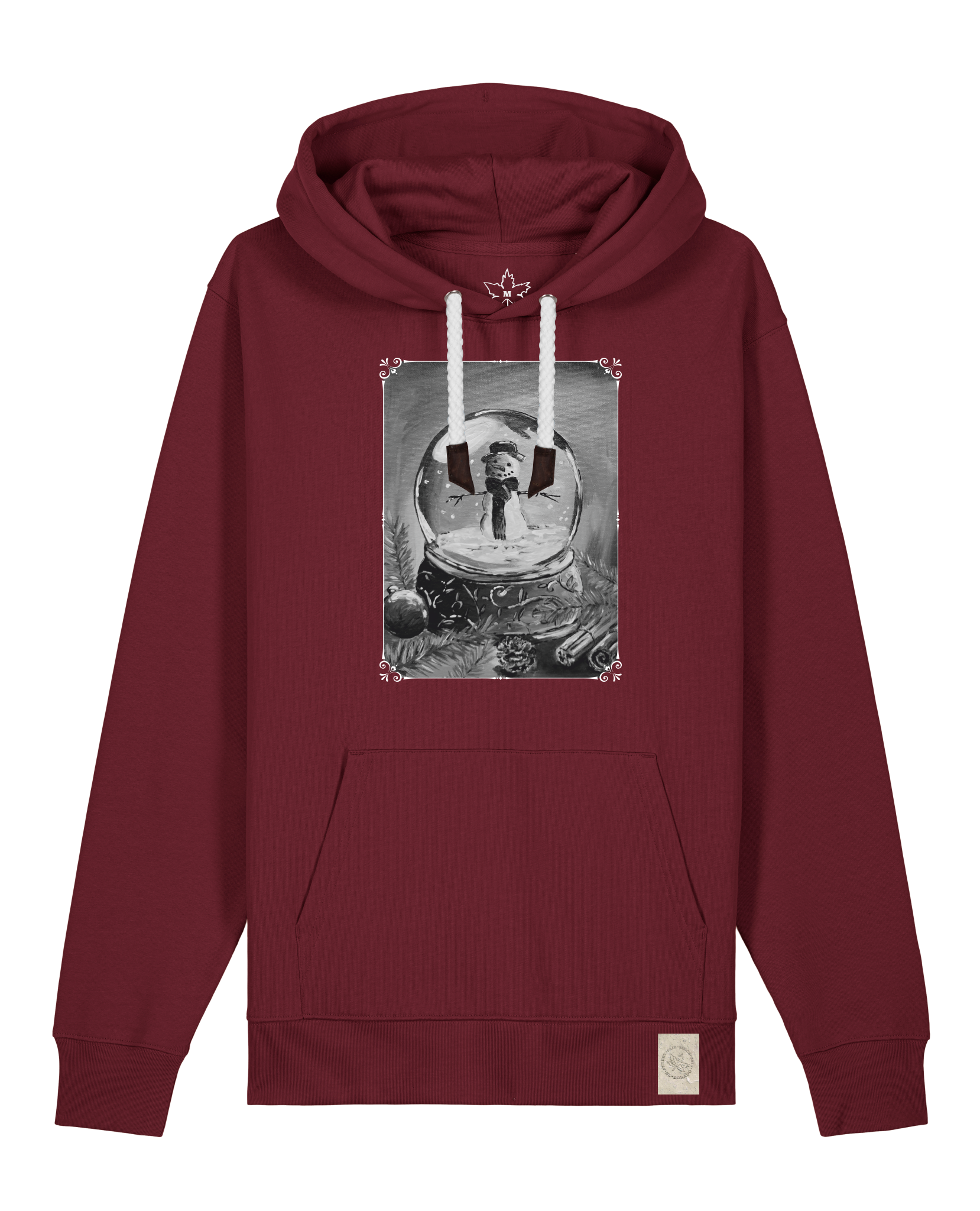 bio-unisex-medium fit-hoodie-schneekugel-stsu177-burgunder rot-weiße kordel-front
