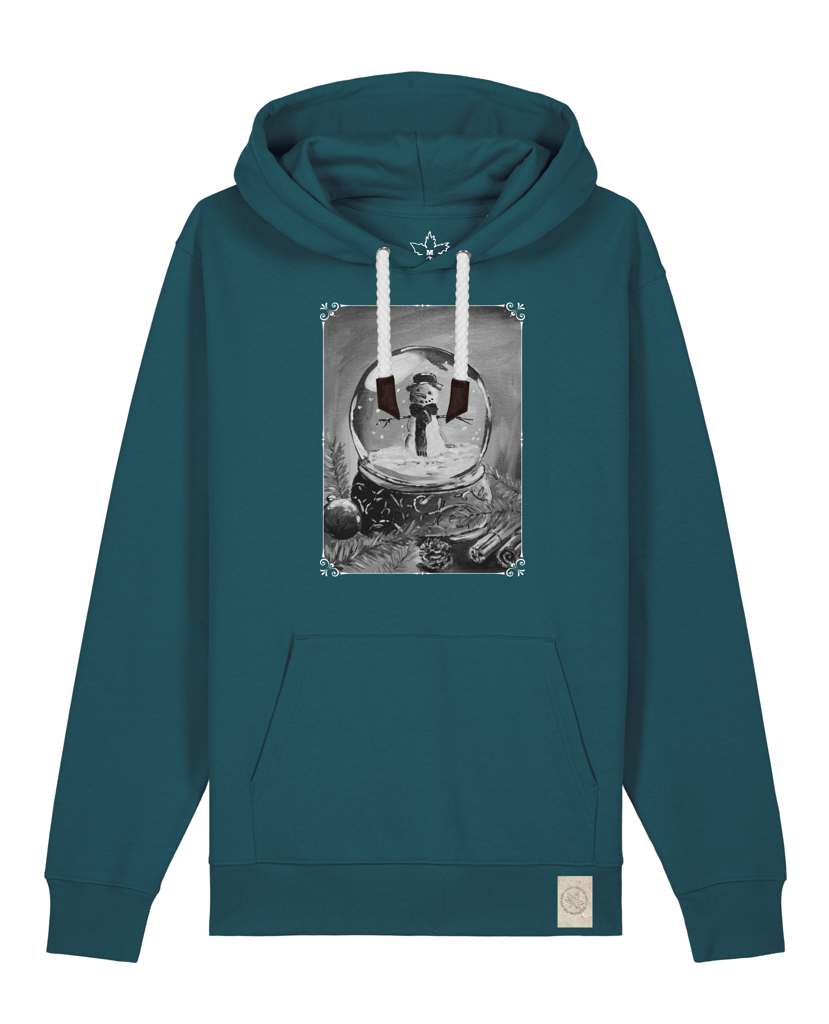 bio-unisex-medium fit-hoodie-schneekugel-stsu177-nordmanntanne-weiße kordel-front