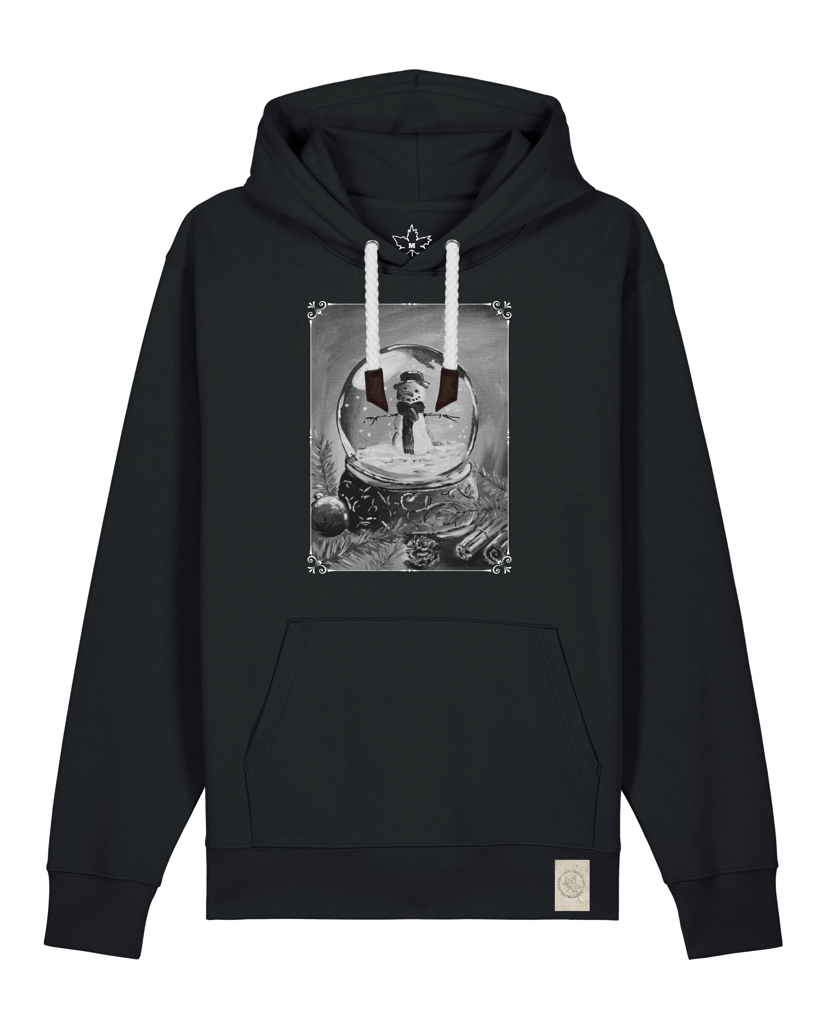 bio-unisex-medium fit-hoodie-schneekugel-stsu177-schwarz-weiße kordel-front